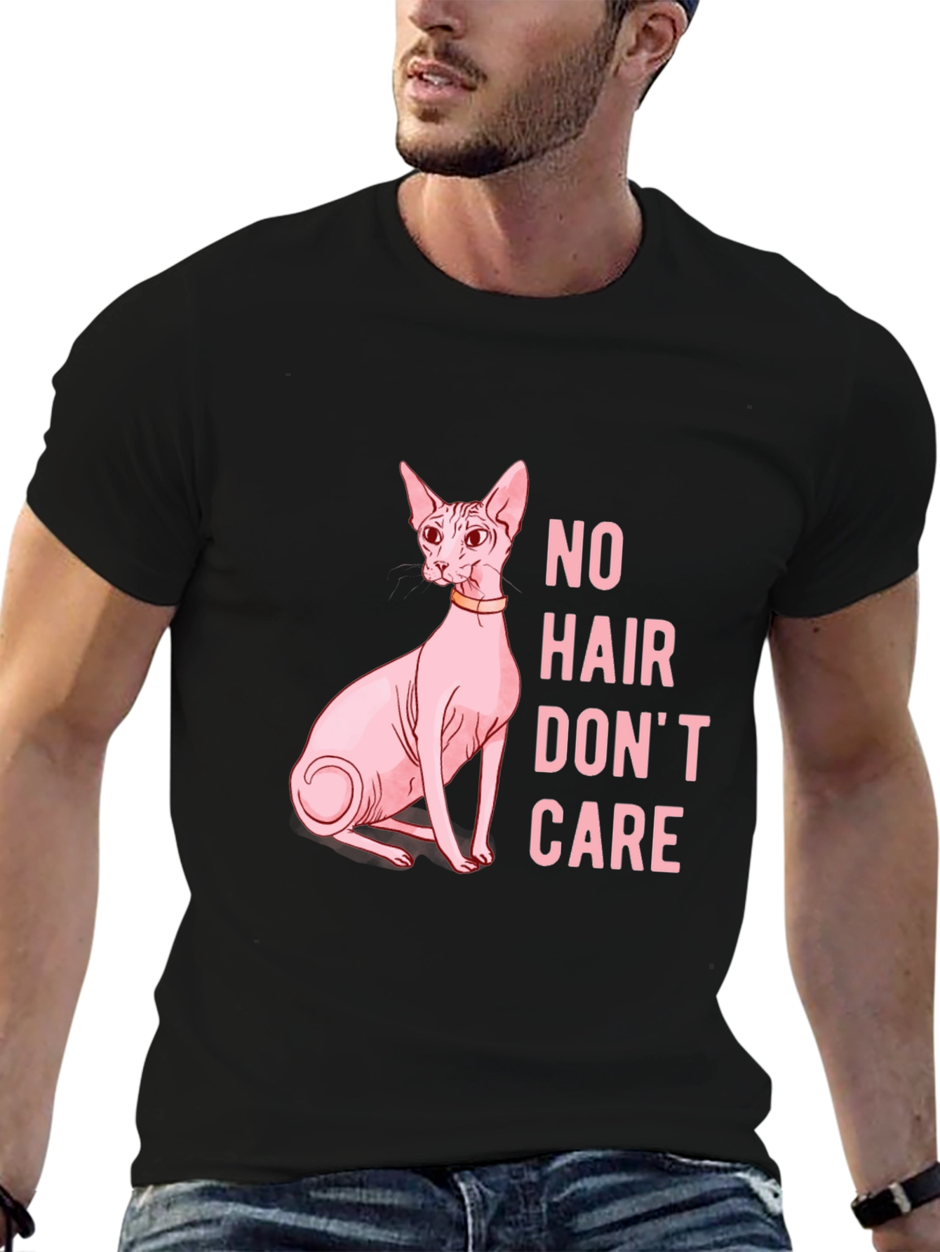Black Hairless Cat Lover T-Shirt - Funny No Hair Don't Care Tee view 6