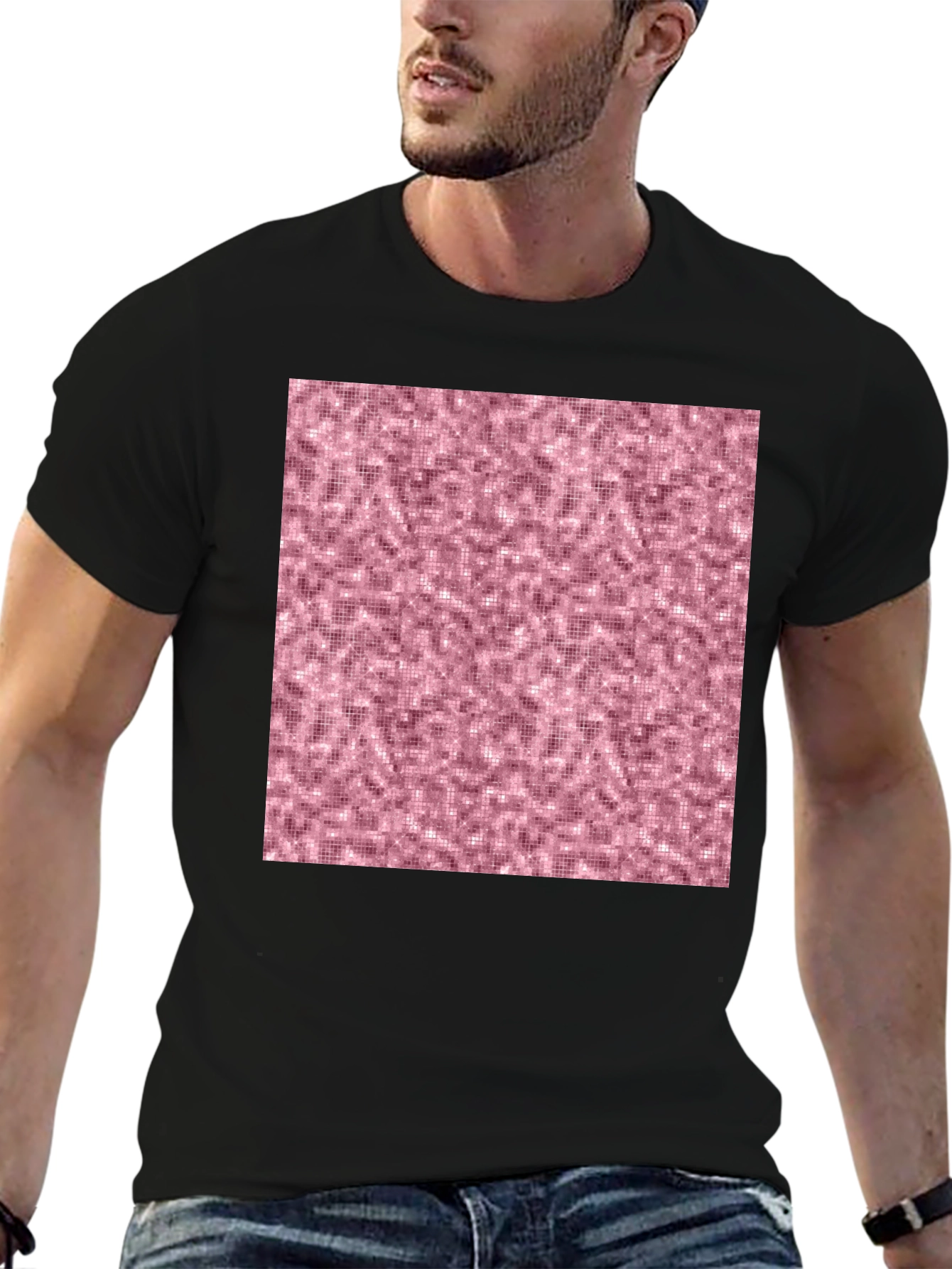 Black Stylish Black T-Shirt with Abstract Pink Pattern view 6