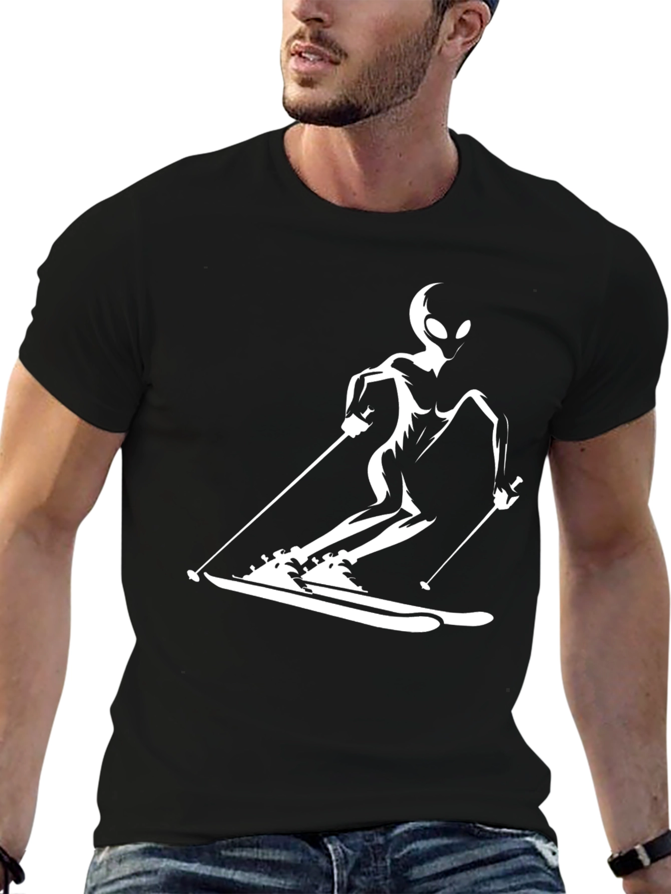 Black Skiing Alien Graphic Tee - Black Cotton Casual T-Shirt view 6