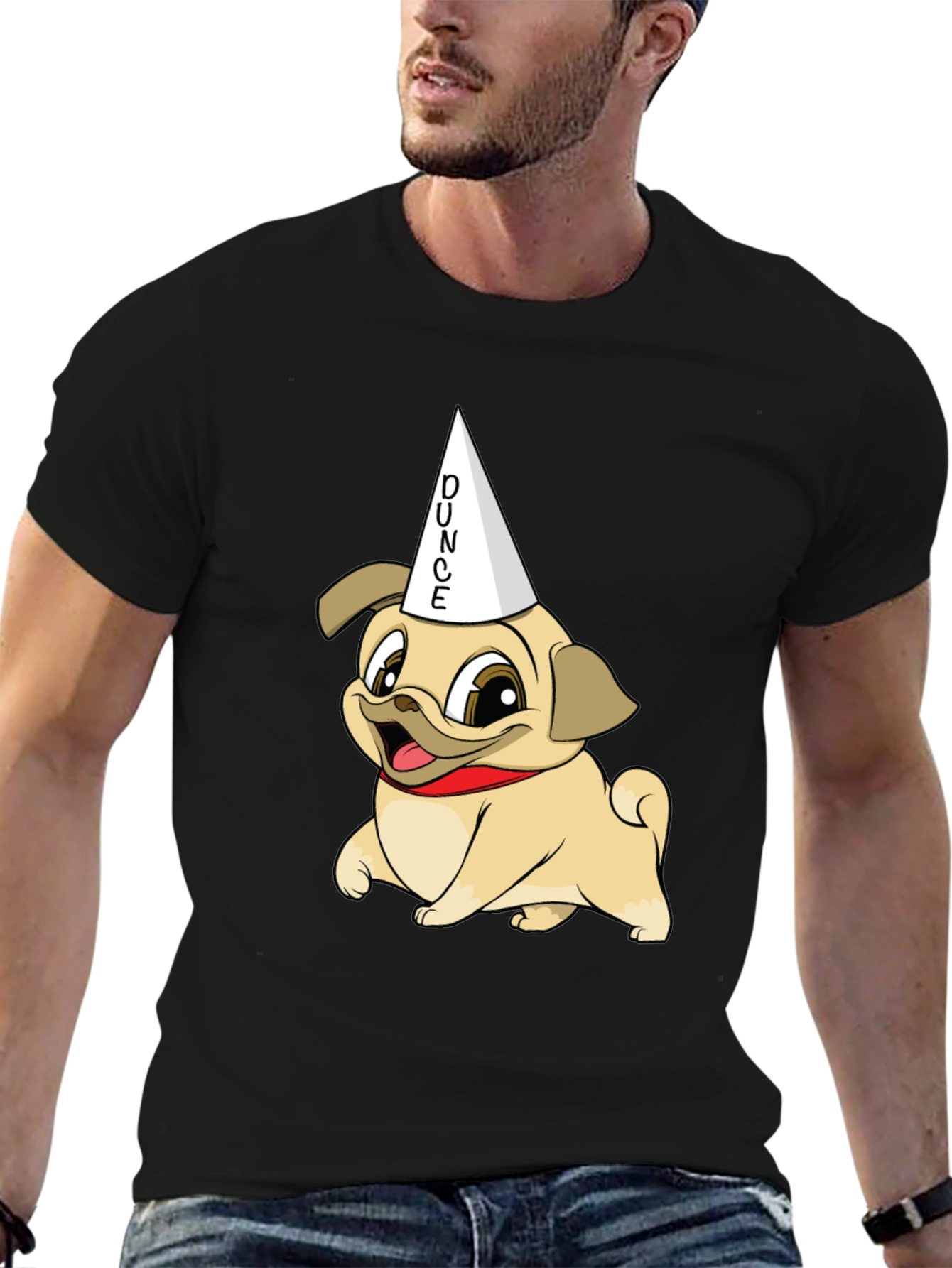 Black Dunce Pug Graphic Tee - Funny Dog Shirt view 6