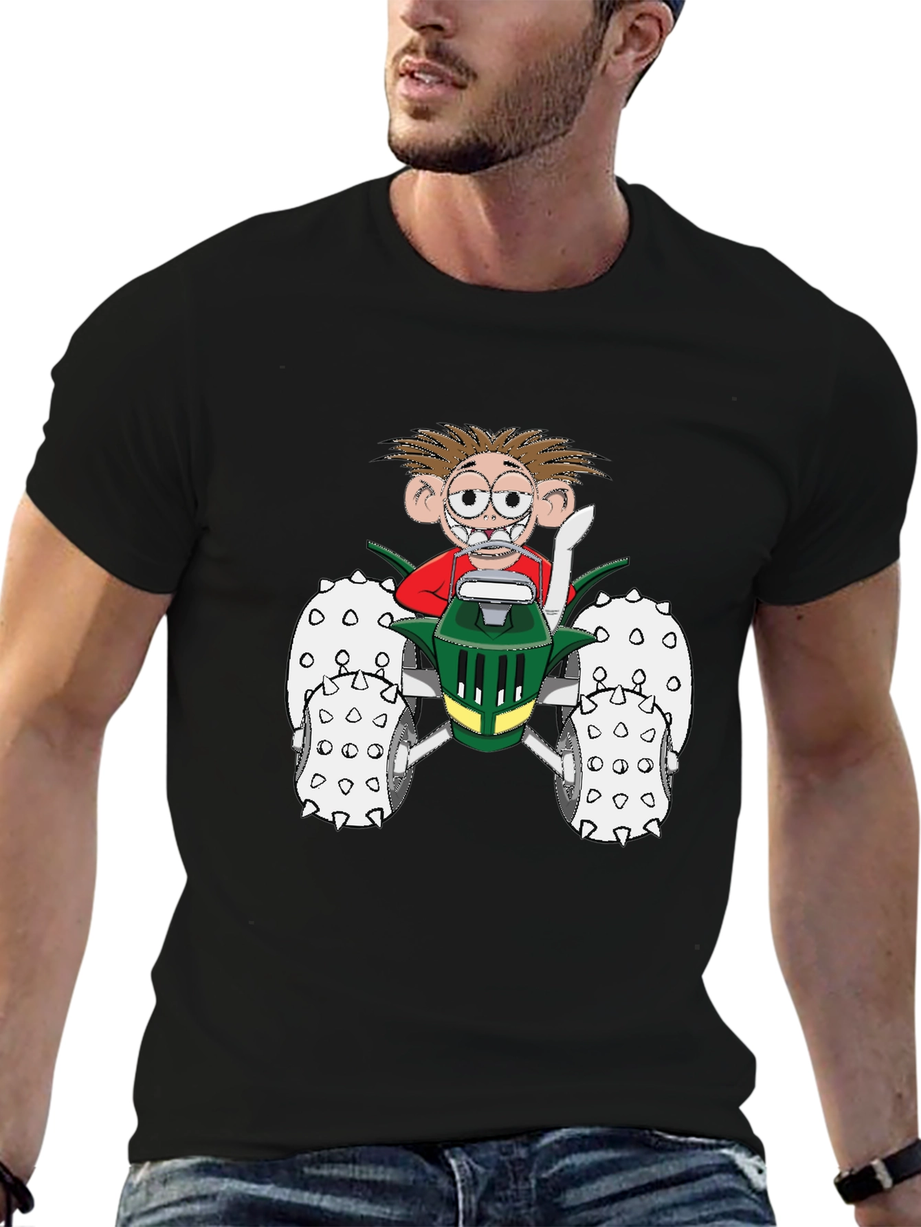Cartoon Character on Tractor Black T-Shirt - 6