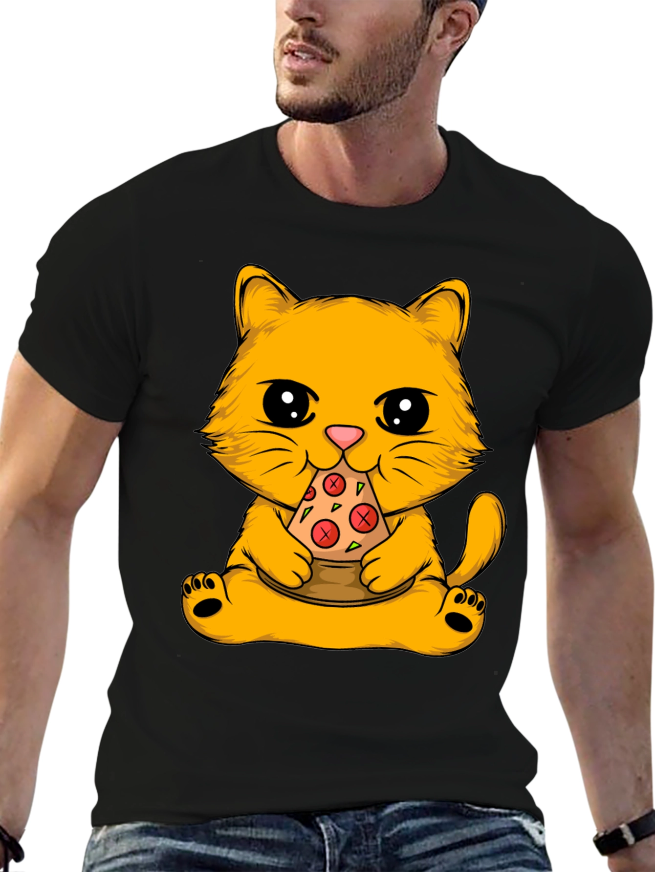 Black Cat Eating Pizza Graphic Tee view 6
