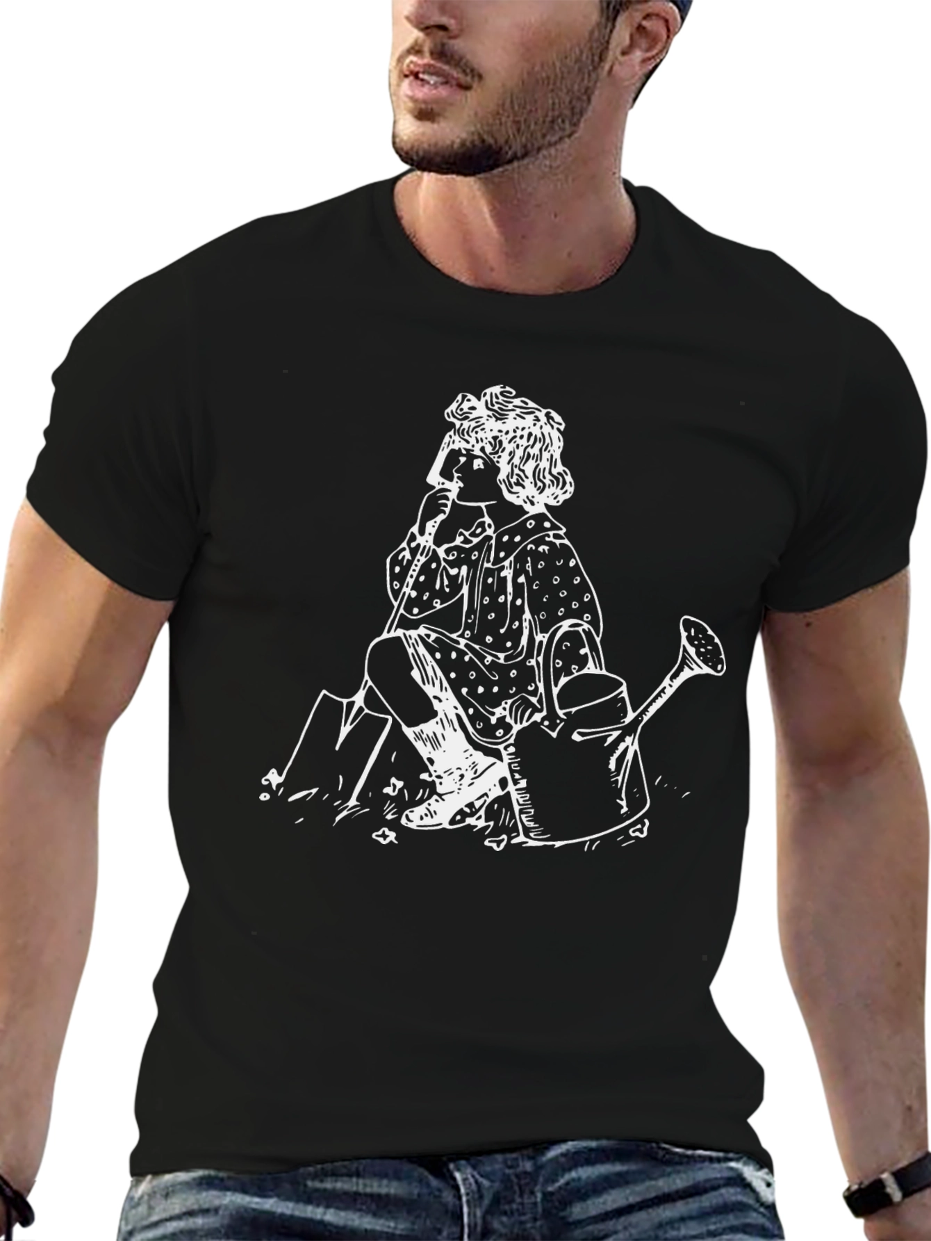 Black Vintage Girl Gardening Black T-Shirt view 6