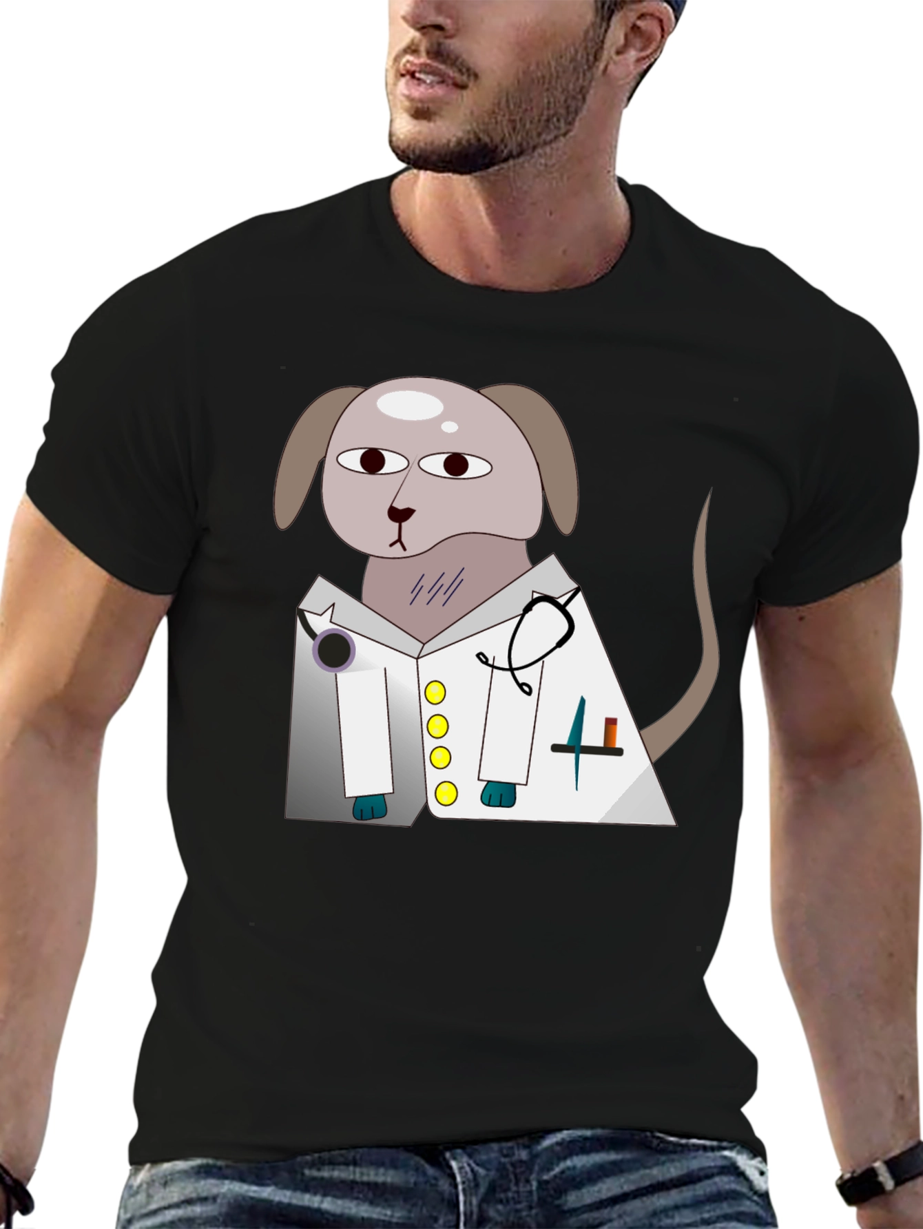 Black Vet Dog Cartoon Graphic T-Shirt - Black view 6