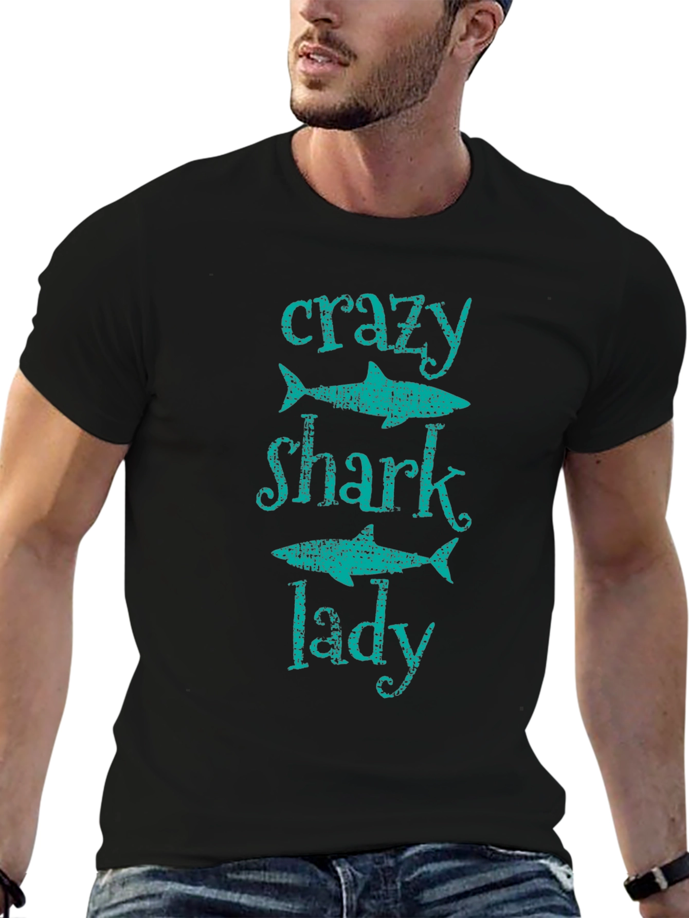 Black Crazy Shark Lady T-Shirt -  Black Cotton Tee view 6
