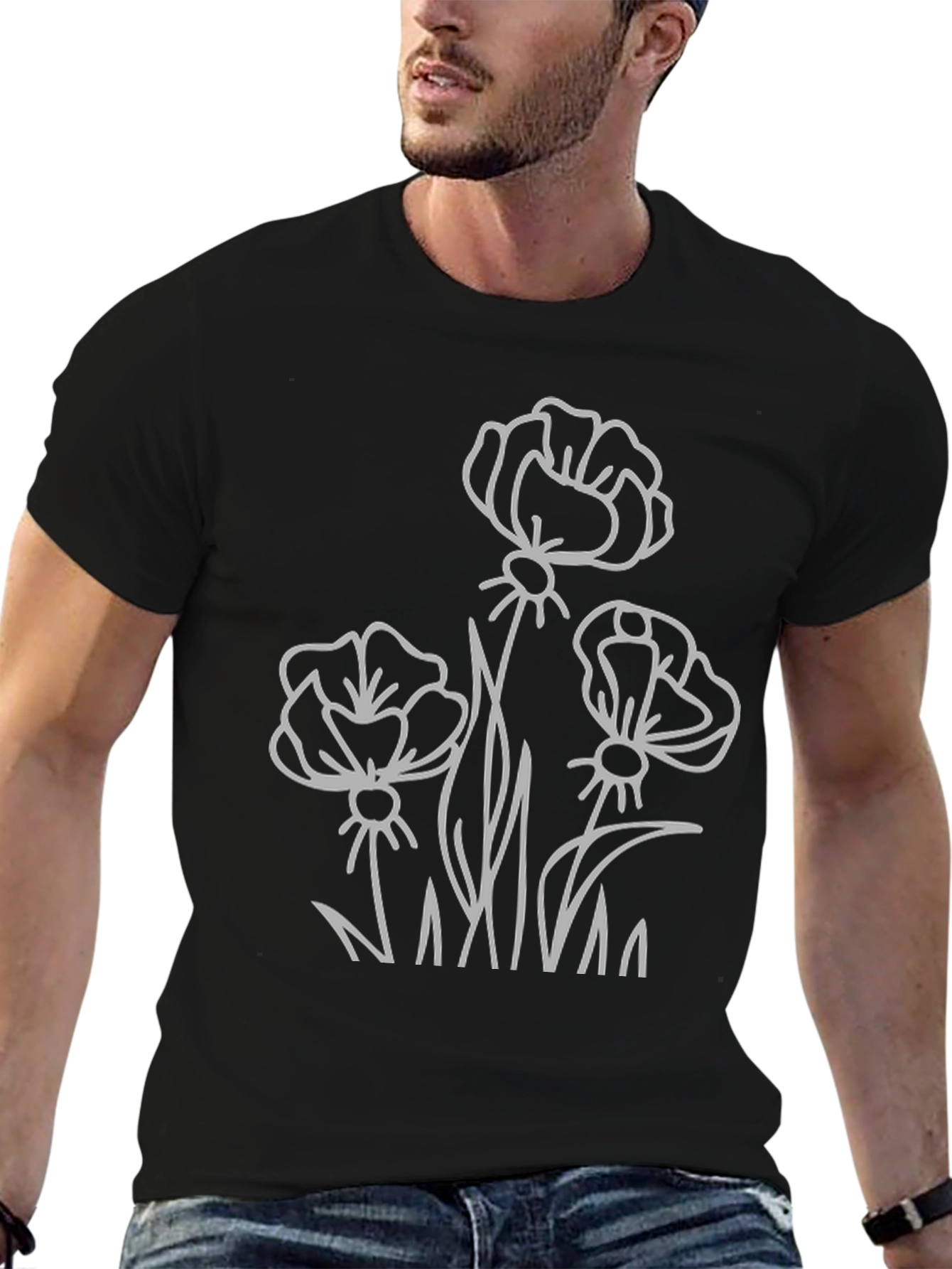 Black Floral Outline Graphic T-Shirt - Black view 6