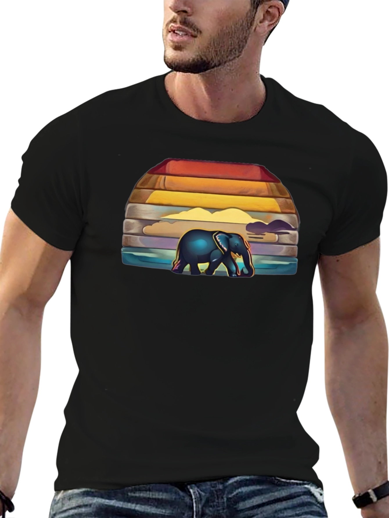 Black Elephant Sunset Graphic T-Shirt view 6