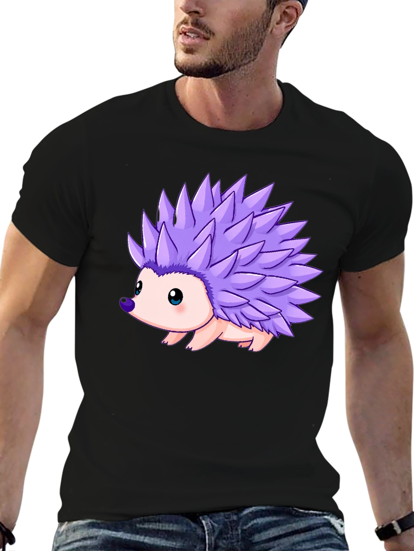 Black Cartoon Hedgehog Print T-Shirt view 6