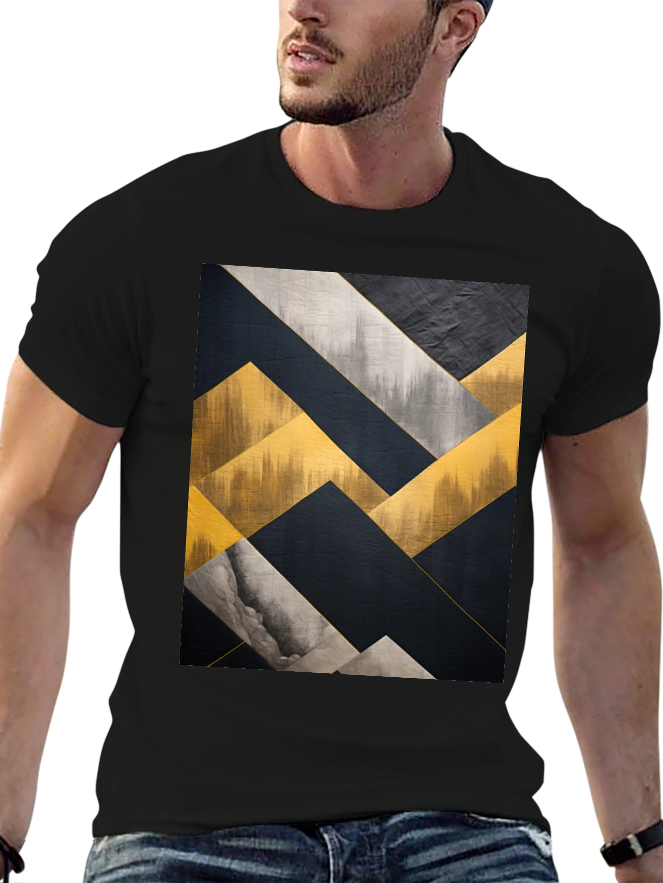 Black Abstract Geometric Art Men's Black T-Shirt view 6