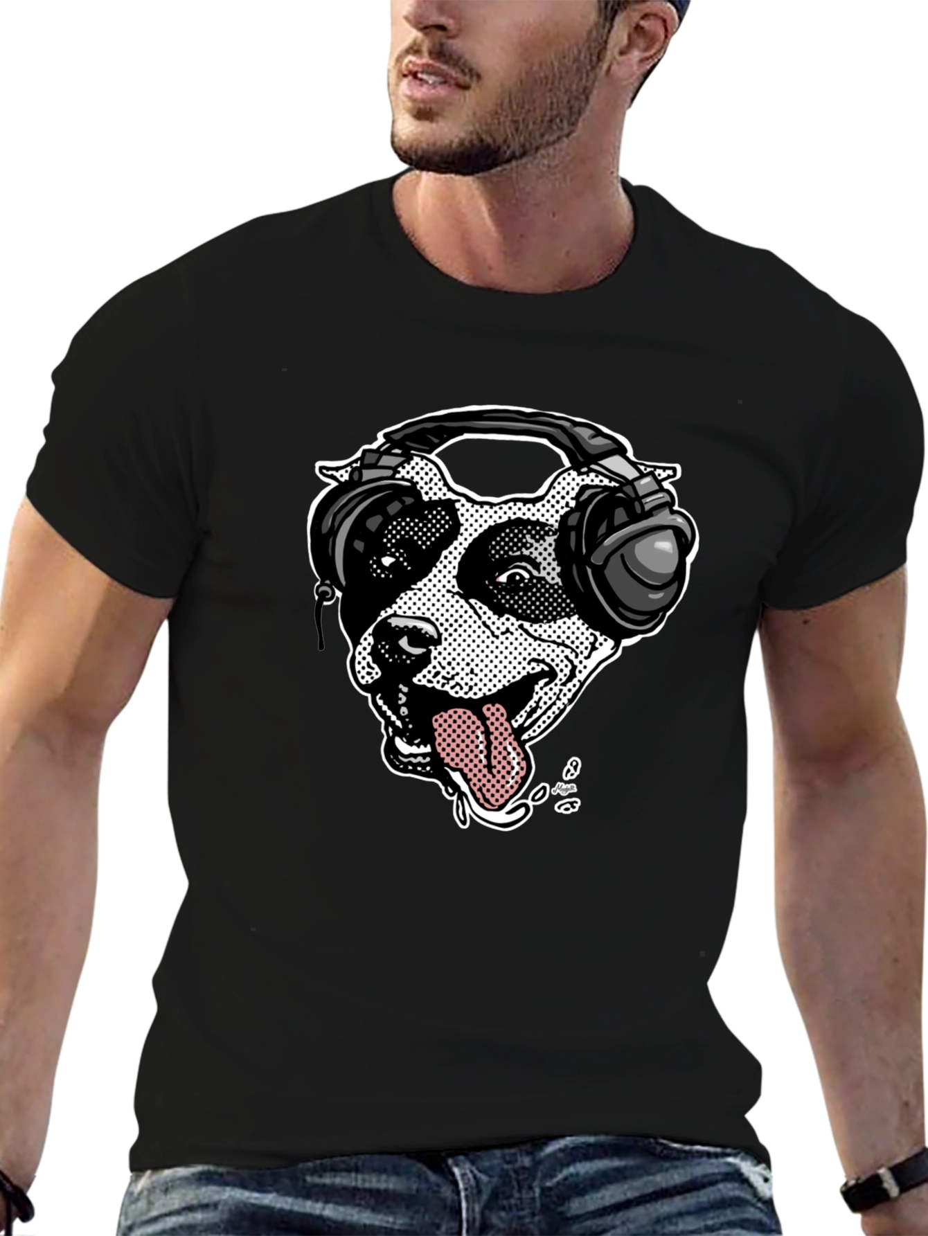 Black Dog with Headphones Graphic T-Shirt view 6