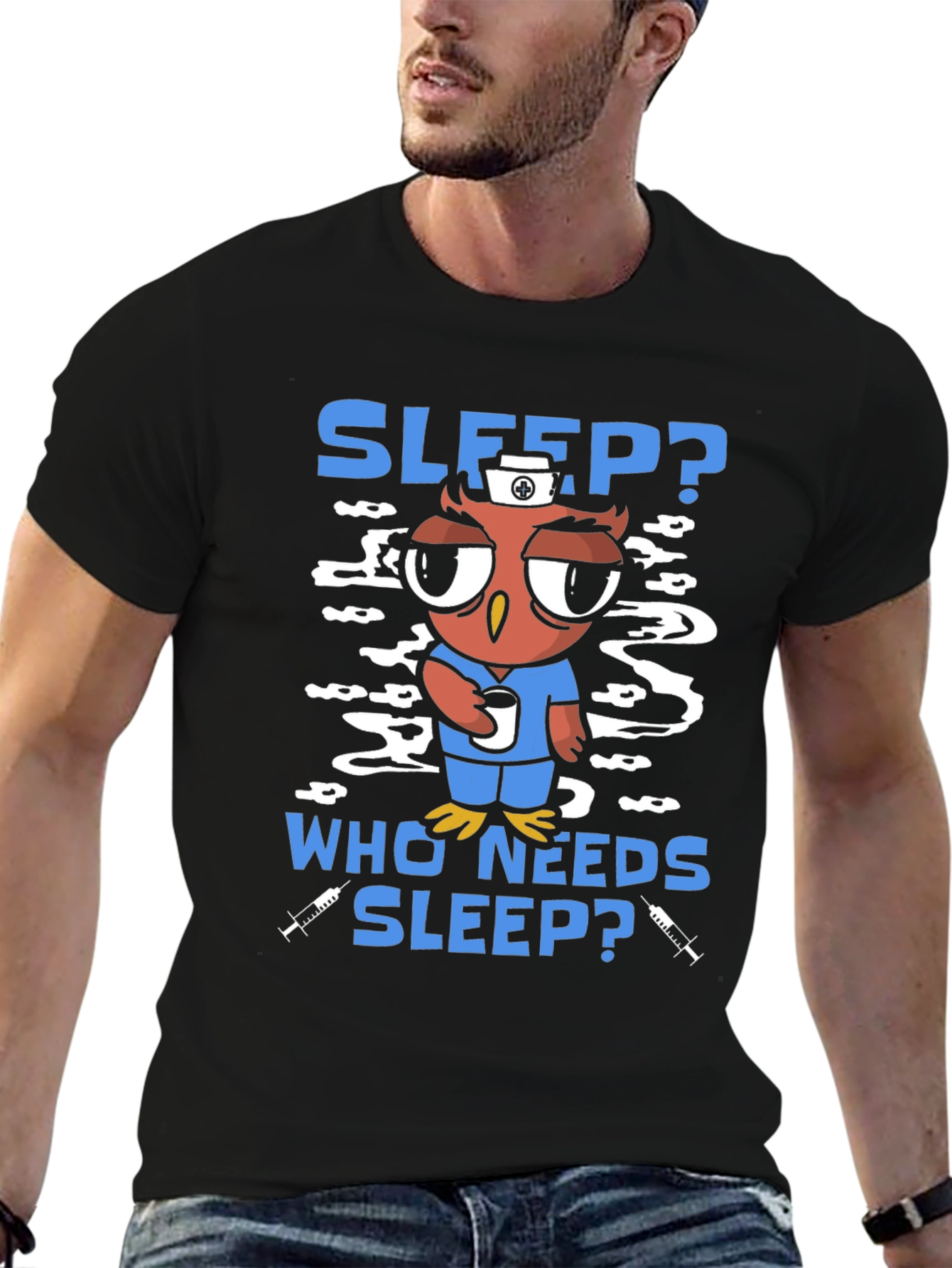 Black Sleep Deprived Owl Nurse T-Shirt view 6