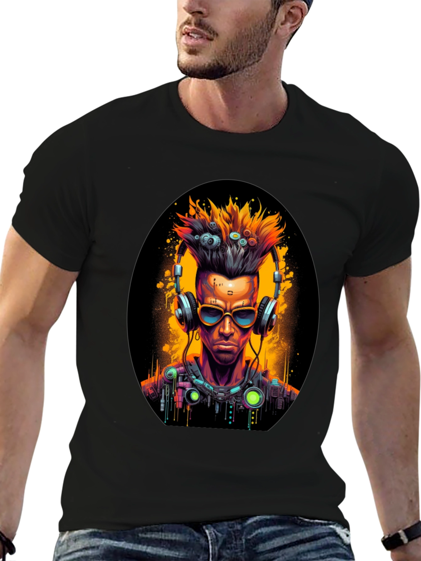 Black Cyberpunk Gamer T-Shirt: Futuristic Headphone Design view 6