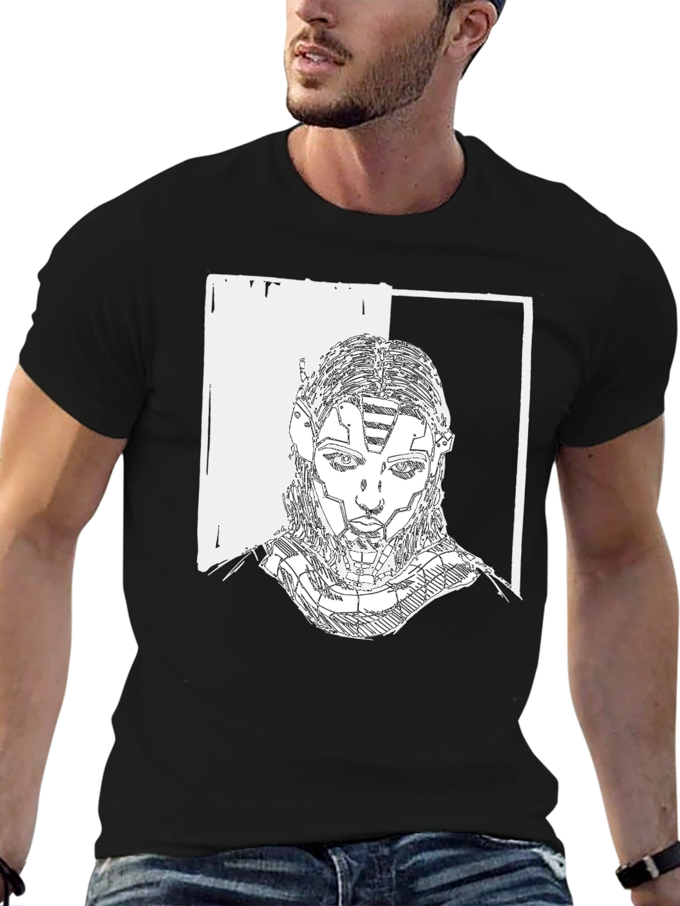 Black Cyberpunk Portrait Graphic Tee - Black Cotton T-Shirt view 6