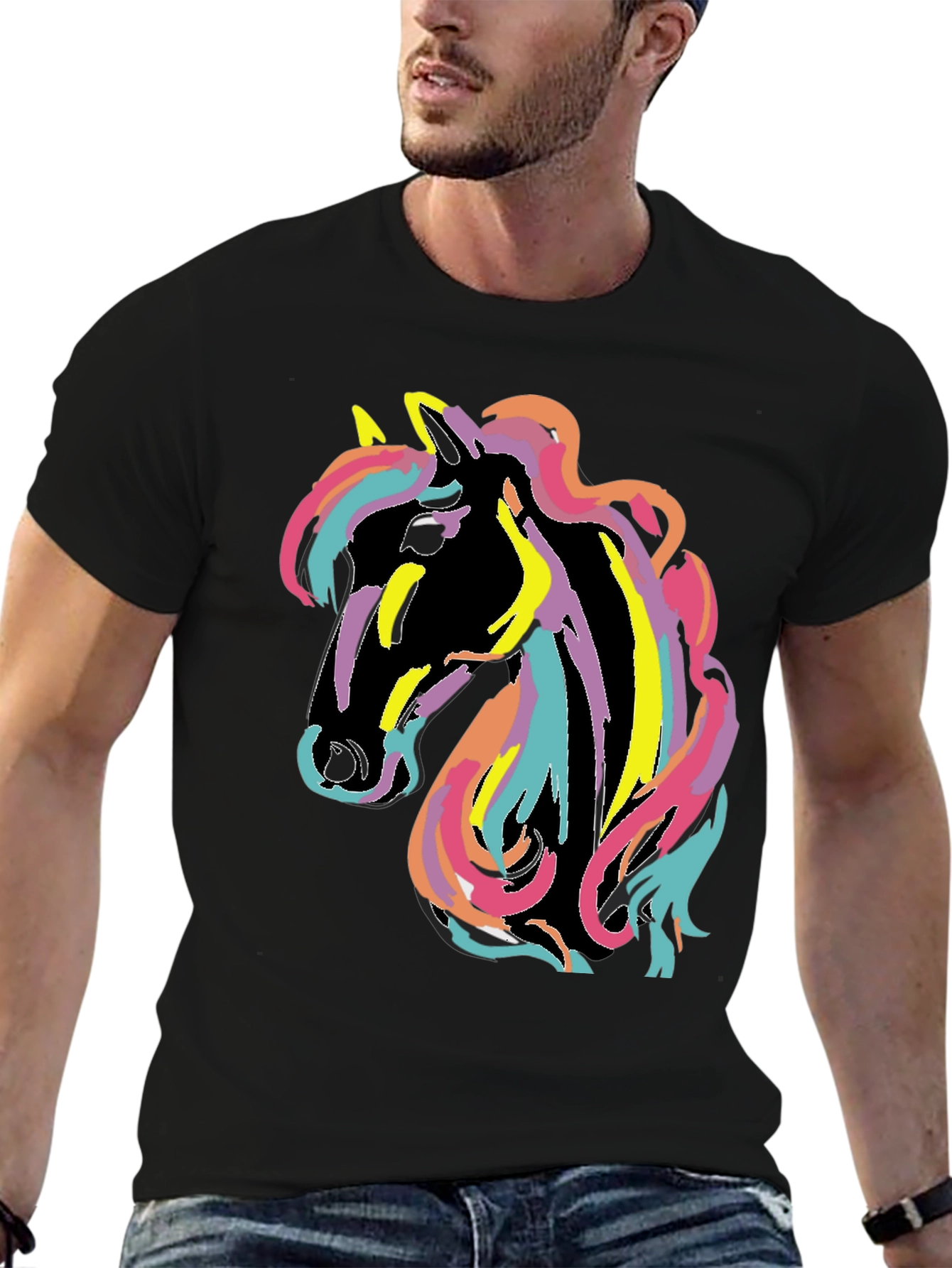 Black Rainbow Horse Graphic Tee - Men's Black T-Shirt view 6