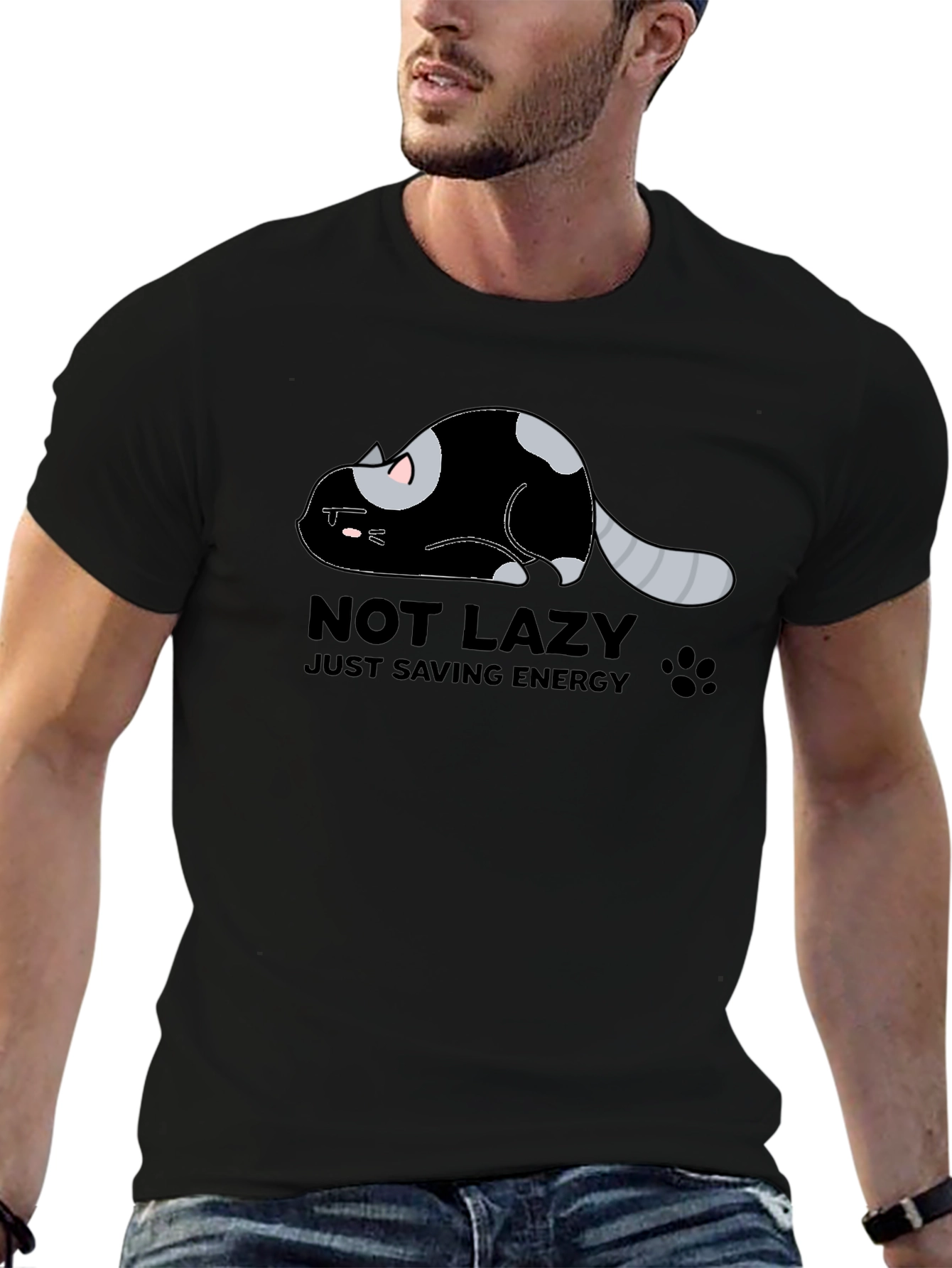 Black Lazy Cat Energy Saving Graphic Tee view 6
