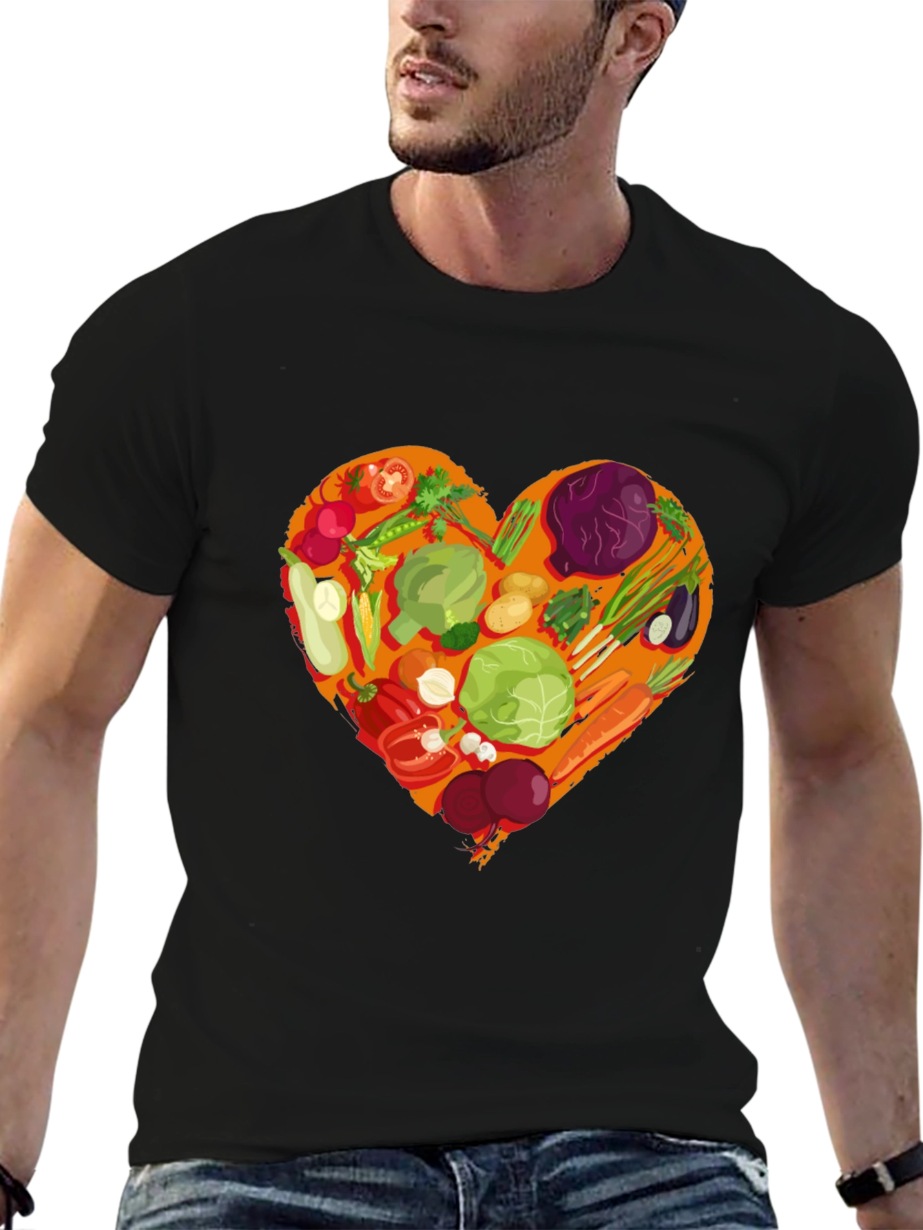 Black Vegetarian Heart Graphic T-Shirt - Black Cotton Tee view 6