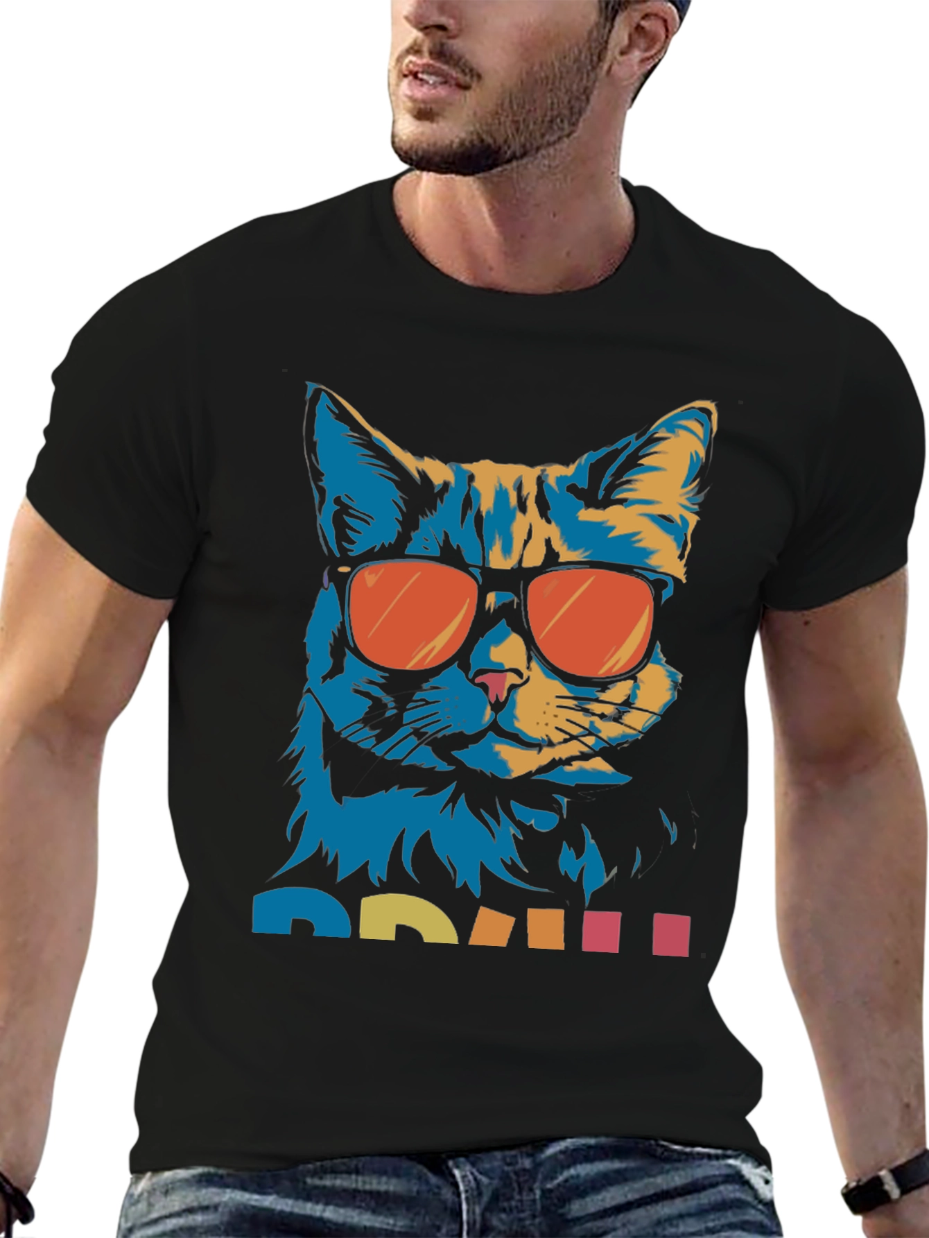 Black Cool Cat Graphic Tee - Retro Style view 6