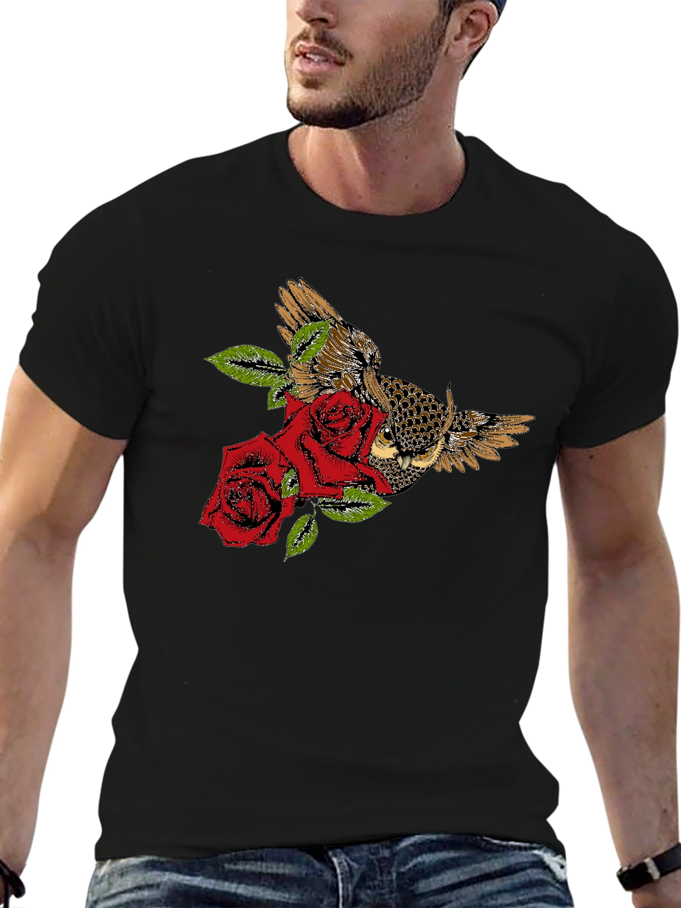 Black Owl and Roses Graphic T-Shirt - Black view 6