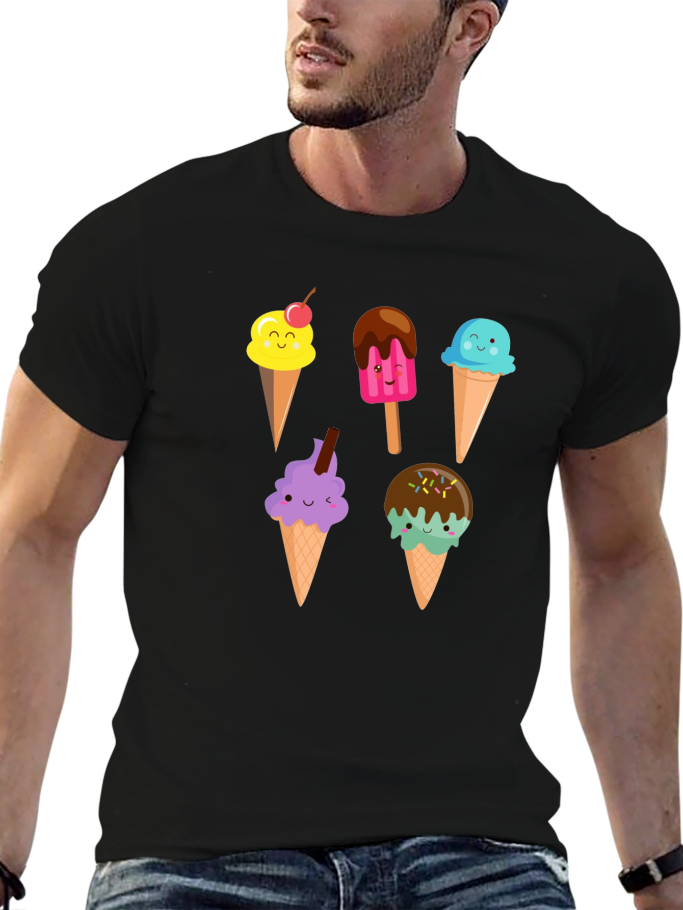 Black Cute Cartoon Ice Cream Graphic Black T-Shirt view 6
