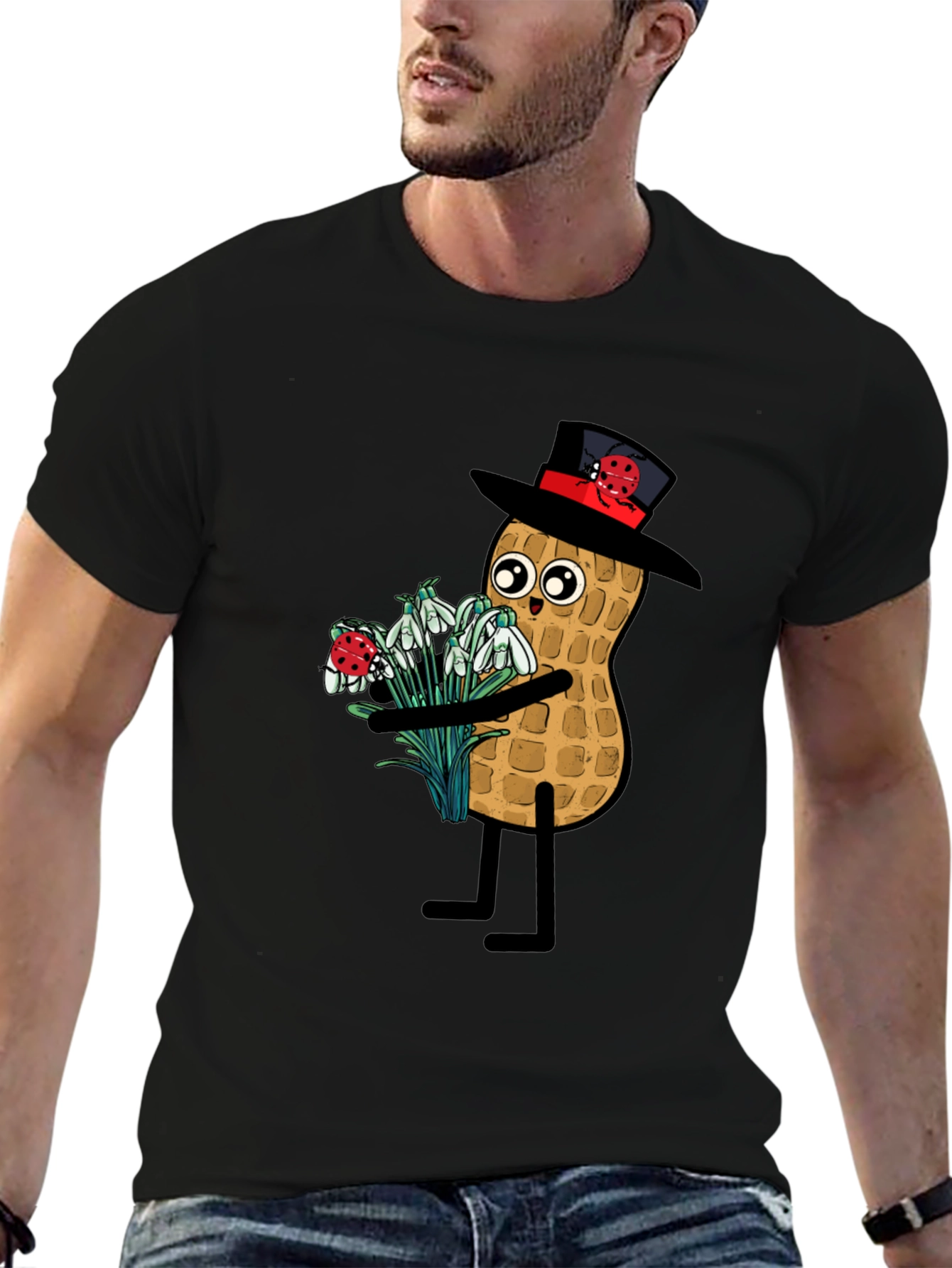 Black Funny Peanut with Flowers Graphic Tee view 6