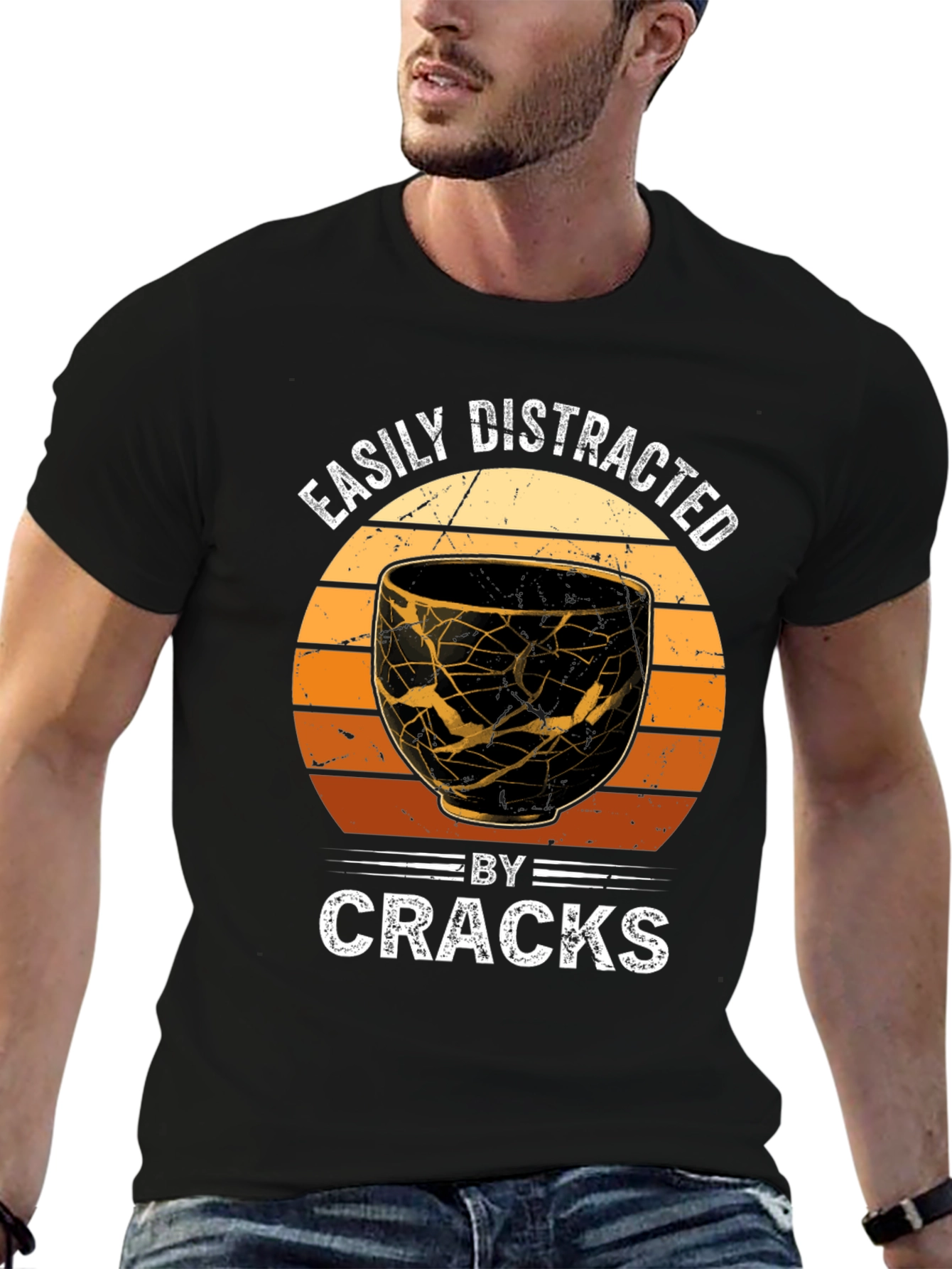 Black Easily Distracted By Cracks Kintsugi Style T-Shirt view 6