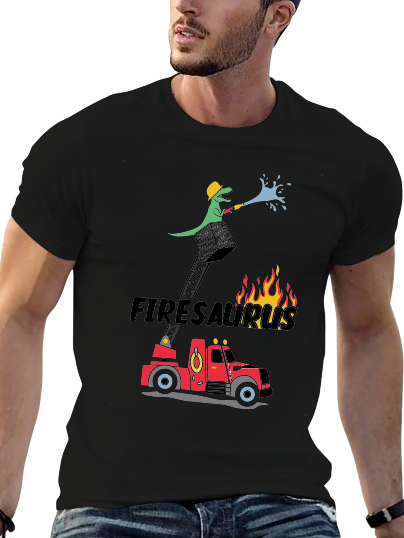 Black Firesaurus Cartoon Graphic T-Shirt view 6