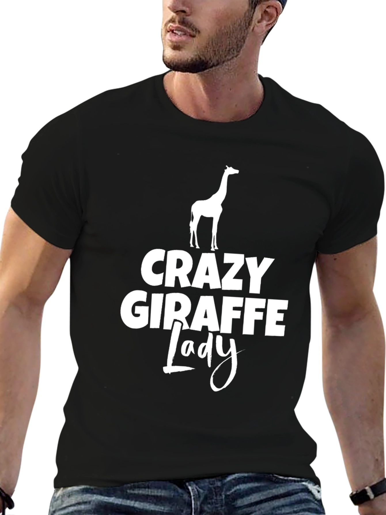 Black Crazy Giraffe Lady T-Shirt - Black Novelty Tee view 6