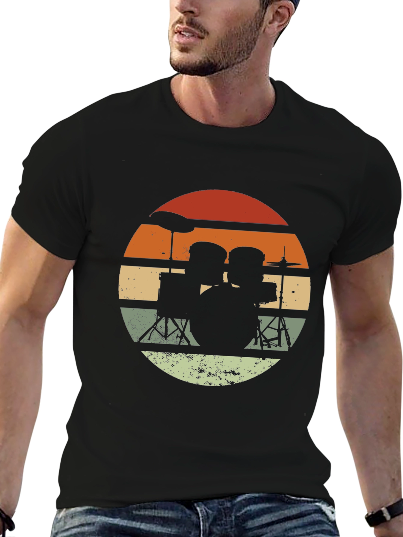 Black Retro Drum Set Graphic T-Shirt - Black view 6