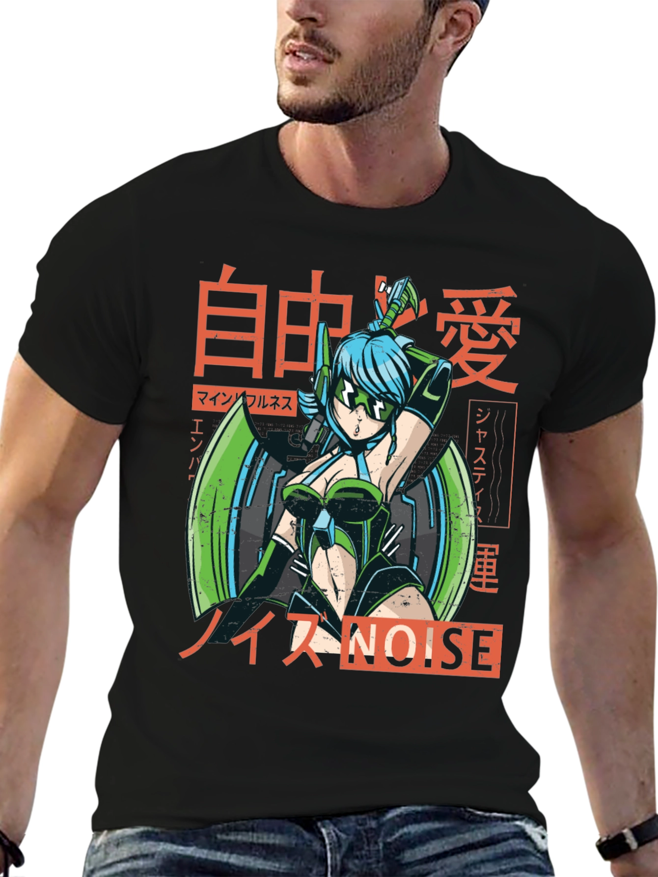 Black Anime Cyberpunk Style Graphic Tee view 6