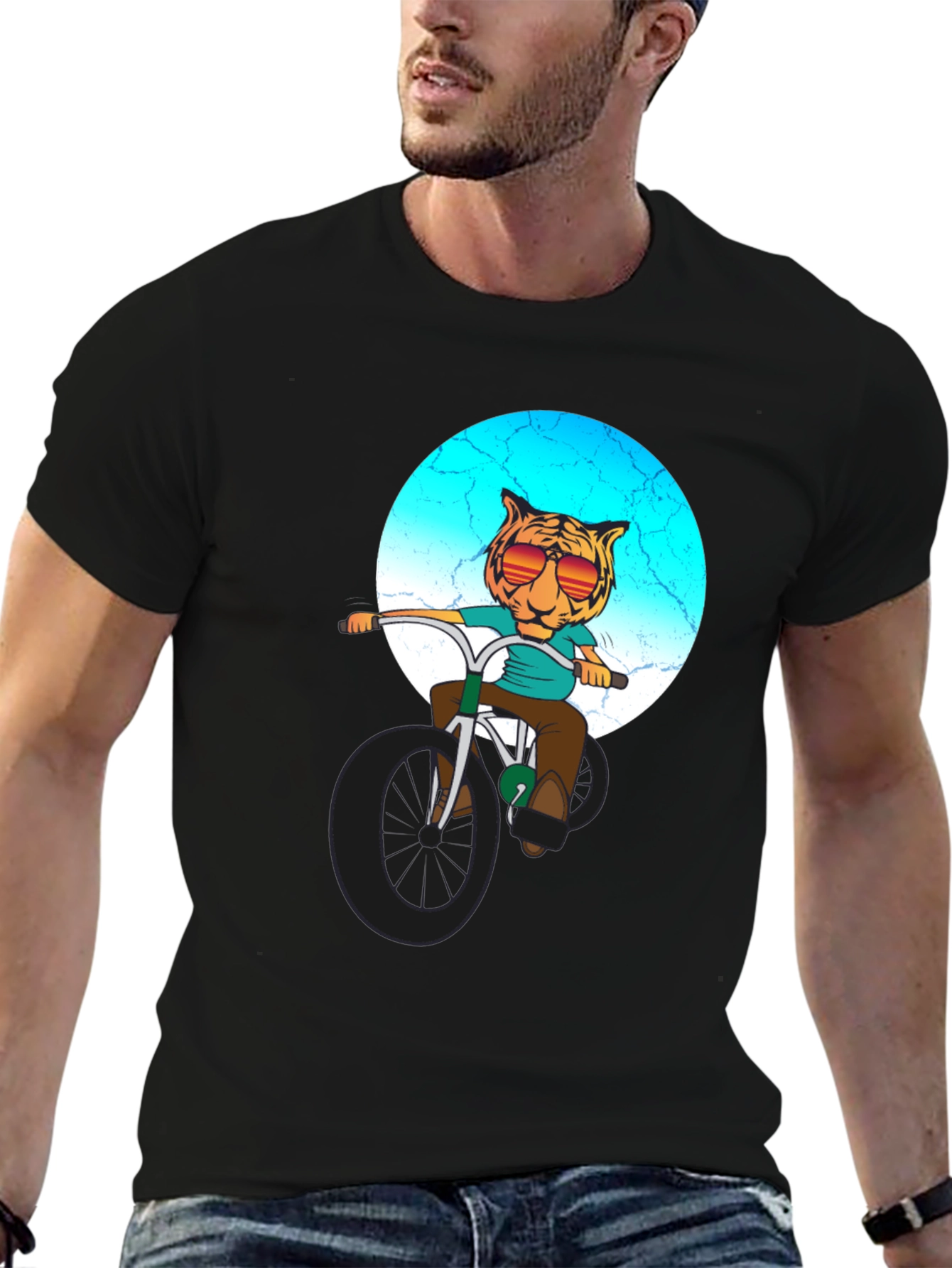 Black Cool Tiger Riding Bike Graphic T-Shirt view 6