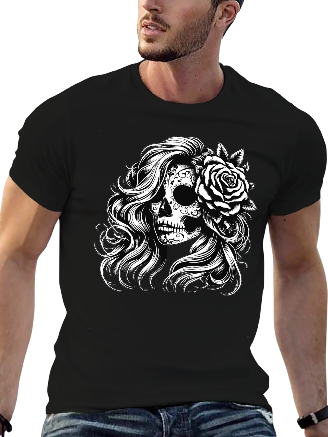 Black Sugar Skull Rose Graphic Tee - Black view 6