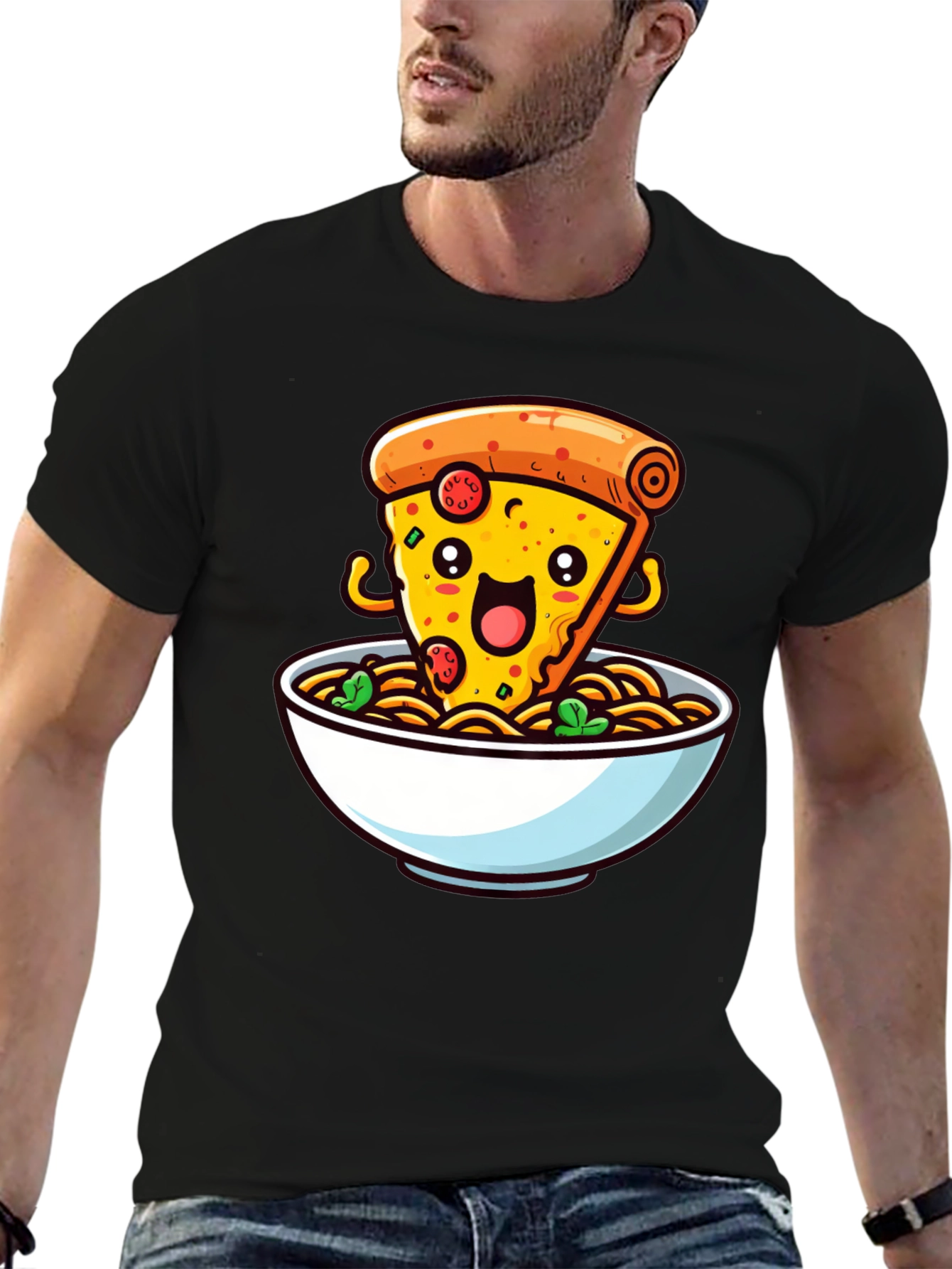 Black Pizza and Noodles Graphic T-Shirt - Black view 6