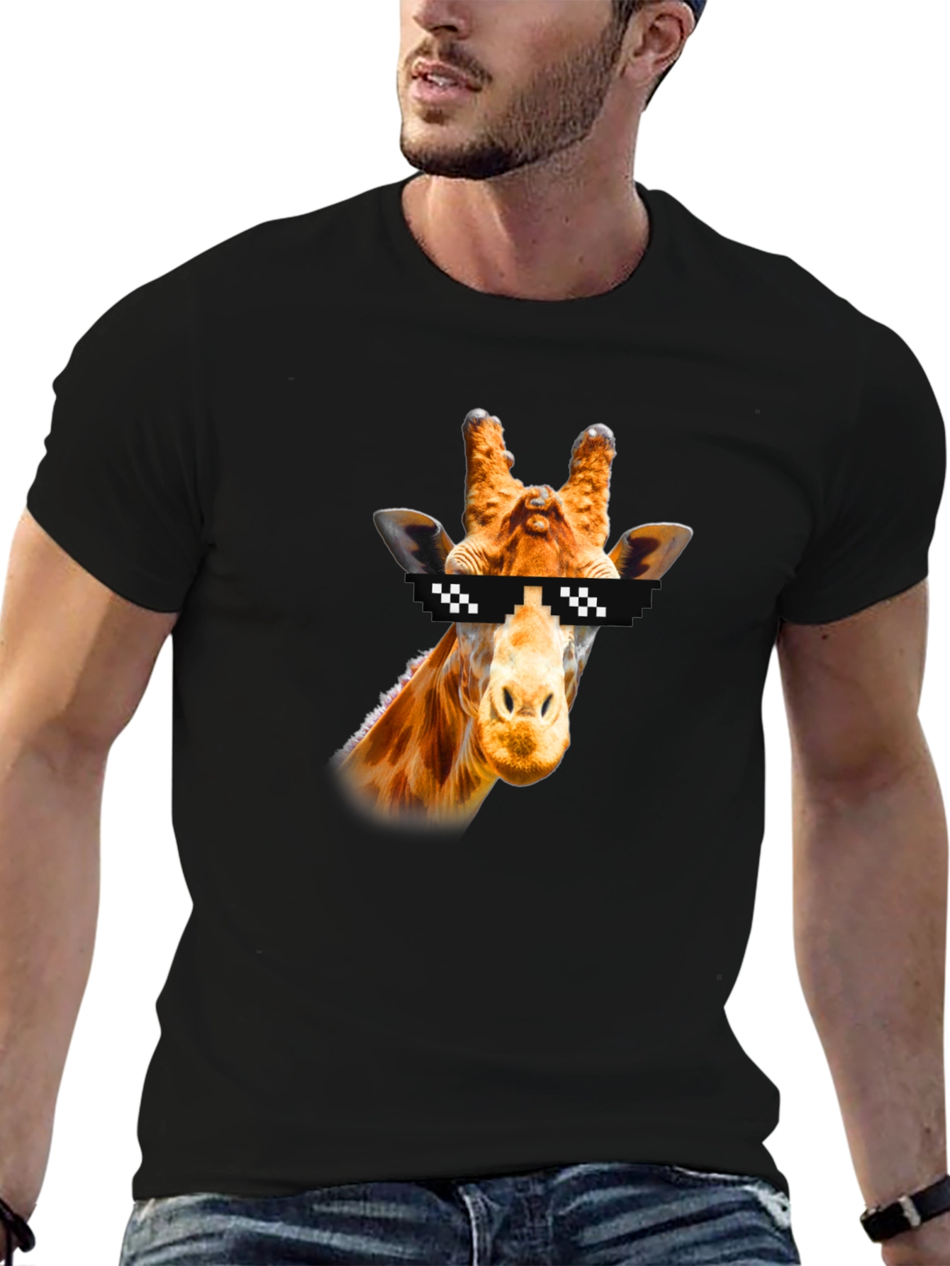 Black Cool Giraffe Pixel Sunglasses Black T-Shirt view 6