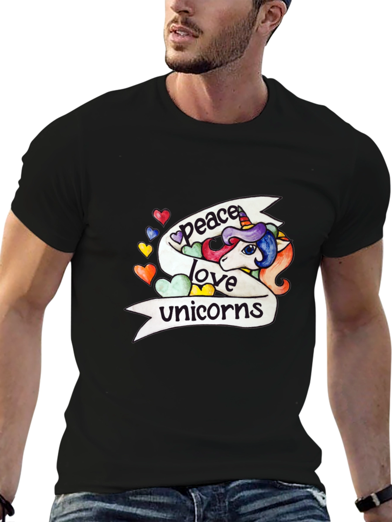 Peace Love Unicorns Graphic Tee - Black Cotton T-Shirt - 6