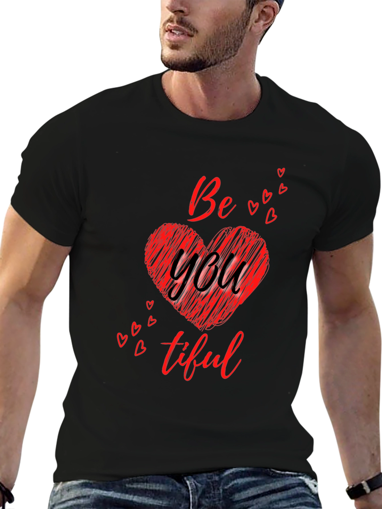 Black Be You Tiful Heart Tee - Soft Black Cotton Graphic T-Shirt view 6