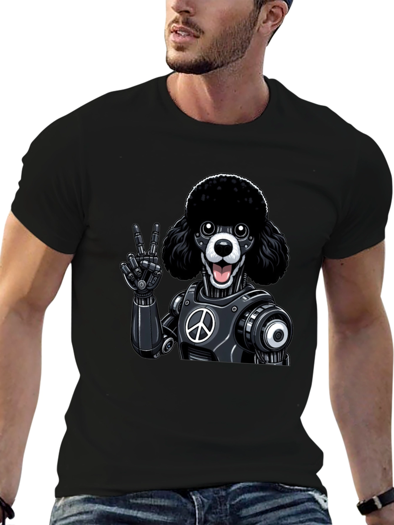 Black Peace Poodle Robot Graphic T-Shirt view 6