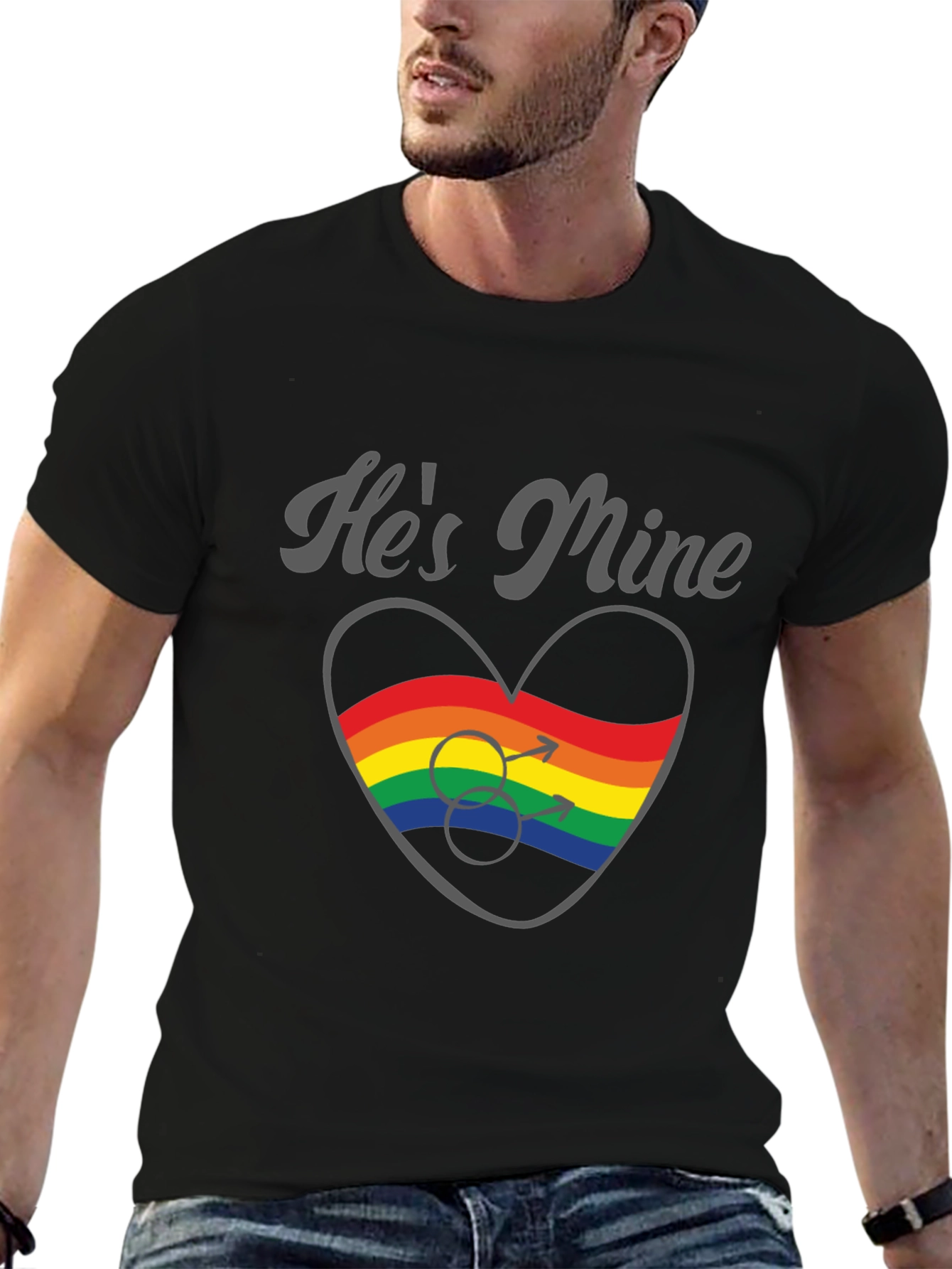 Black He's Mine Gay Pride Rainbow Heart T-Shirt view 6