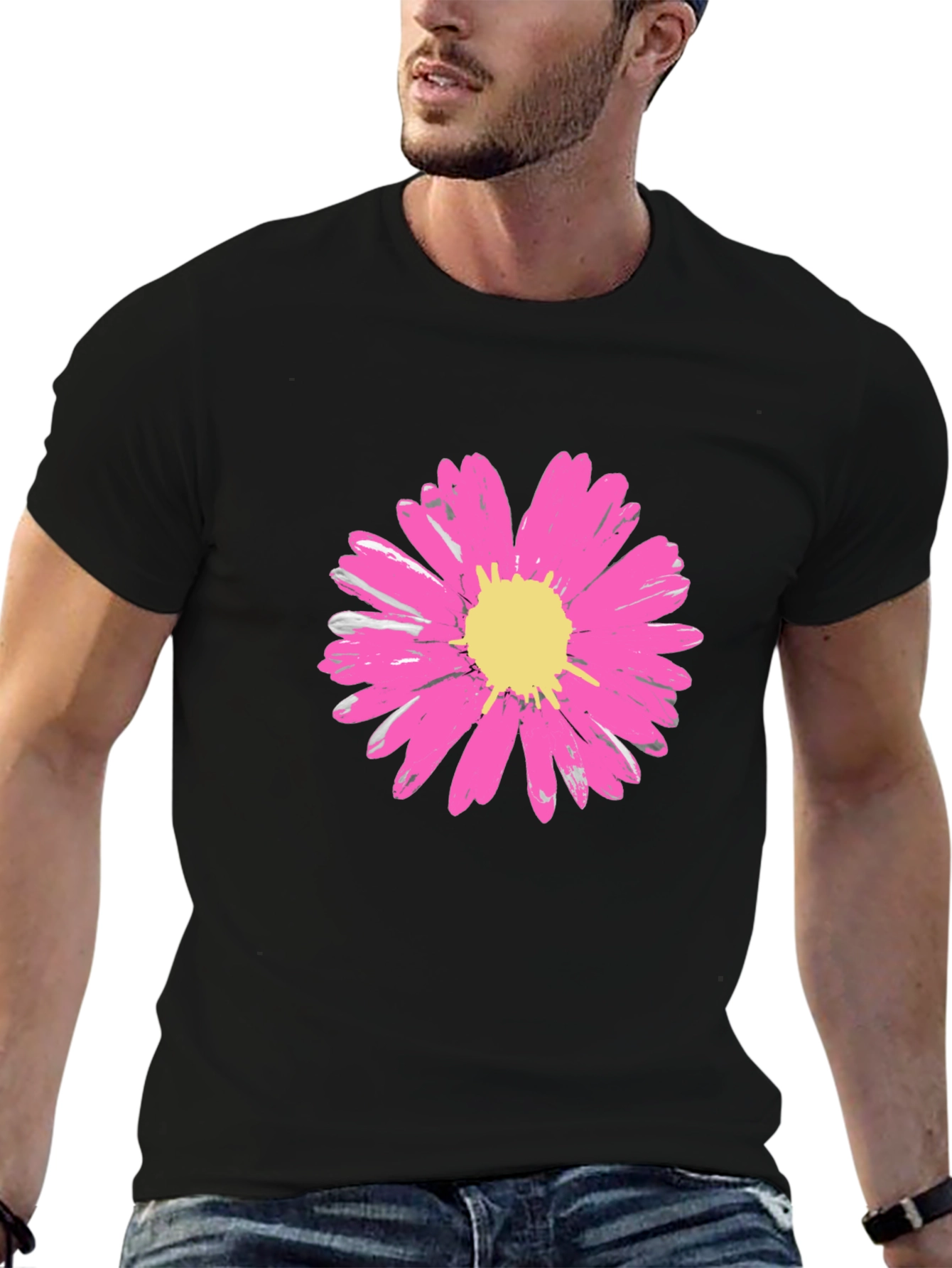 Black Daisy Flower Graphic Tee - Stylish Black Cotton T-Shirt view 6