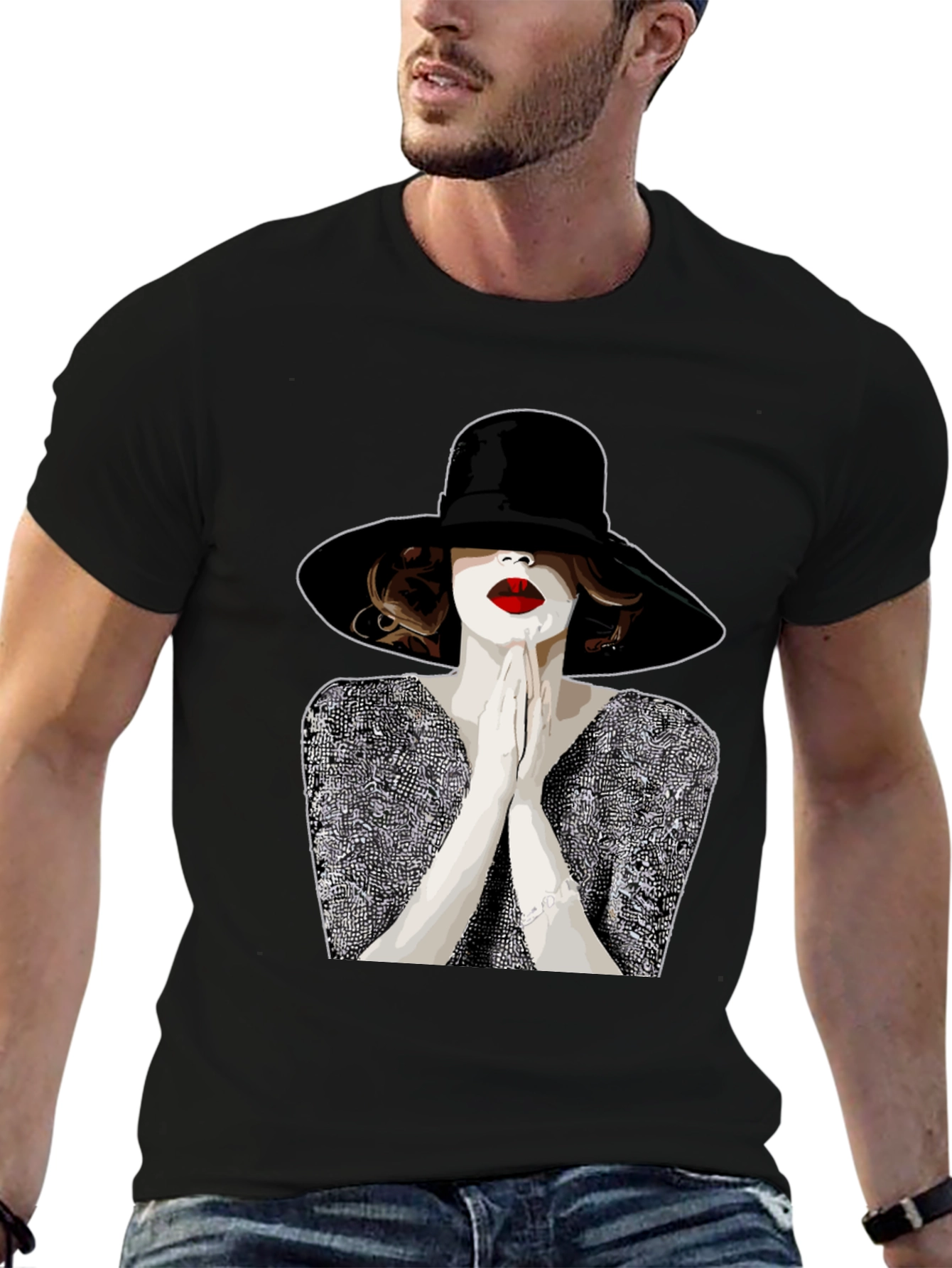 Black Stylish Graphic Tee - Woman with Hat view 6