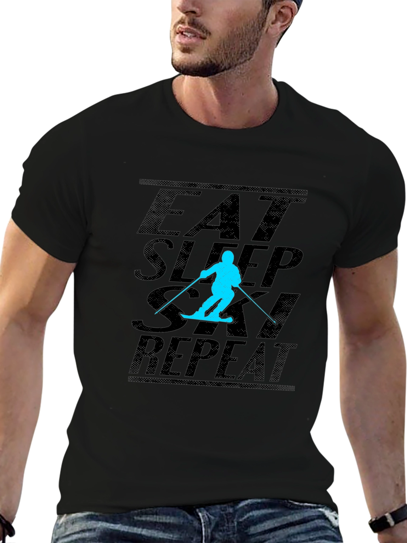 Black Eat Sleep Ski Repeat Black T-Shirt view 6