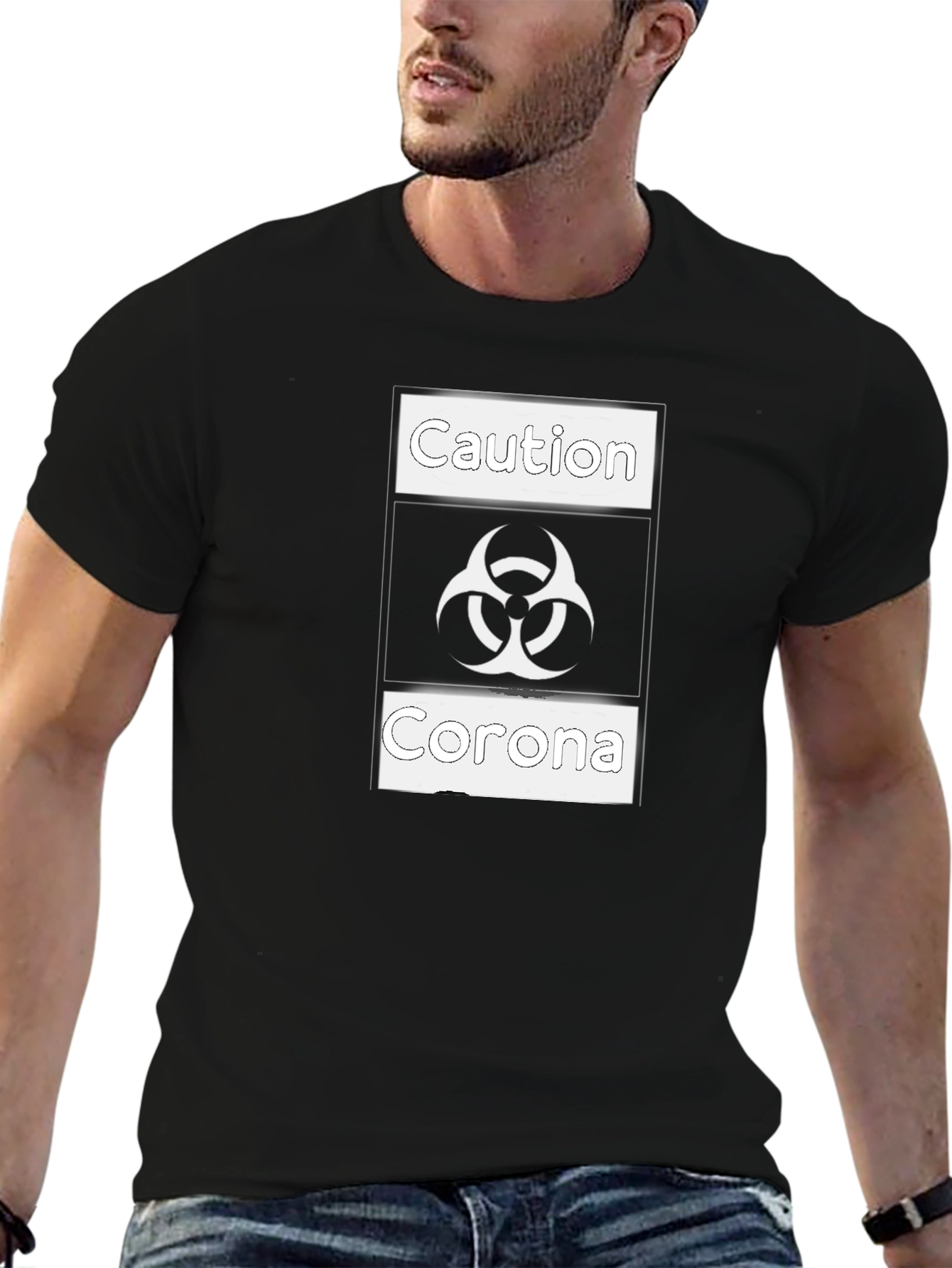 Black Caution Corona Graphic Tee - Black Cotton T-Shirt view 6