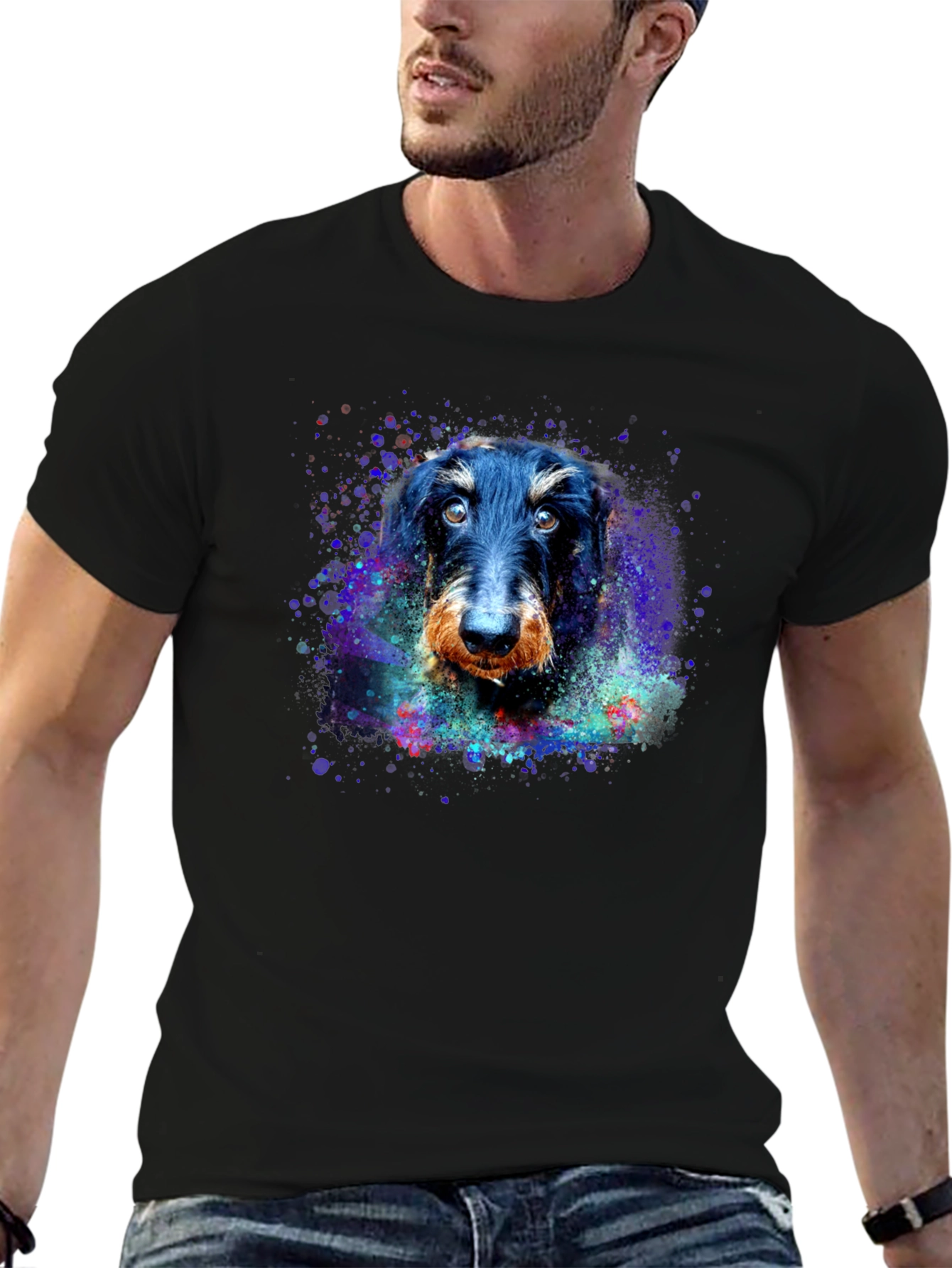 Black Dachshund Dog Watercolor Art Print Black T-Shirt view 6