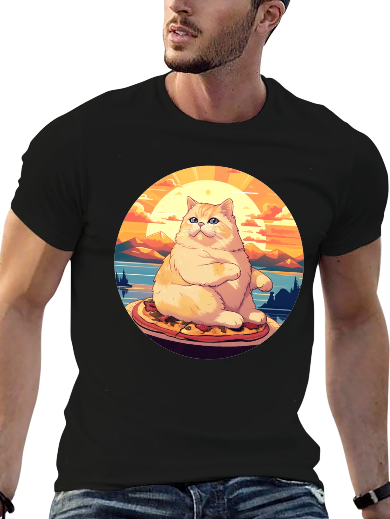 Black Pizza Cat T-Shirt: Sunset Vibes view 6