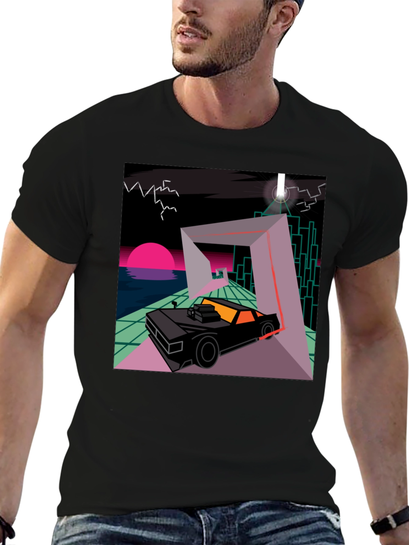 Black Retro Wave Car T-Shirt - Synthwave Design view 6