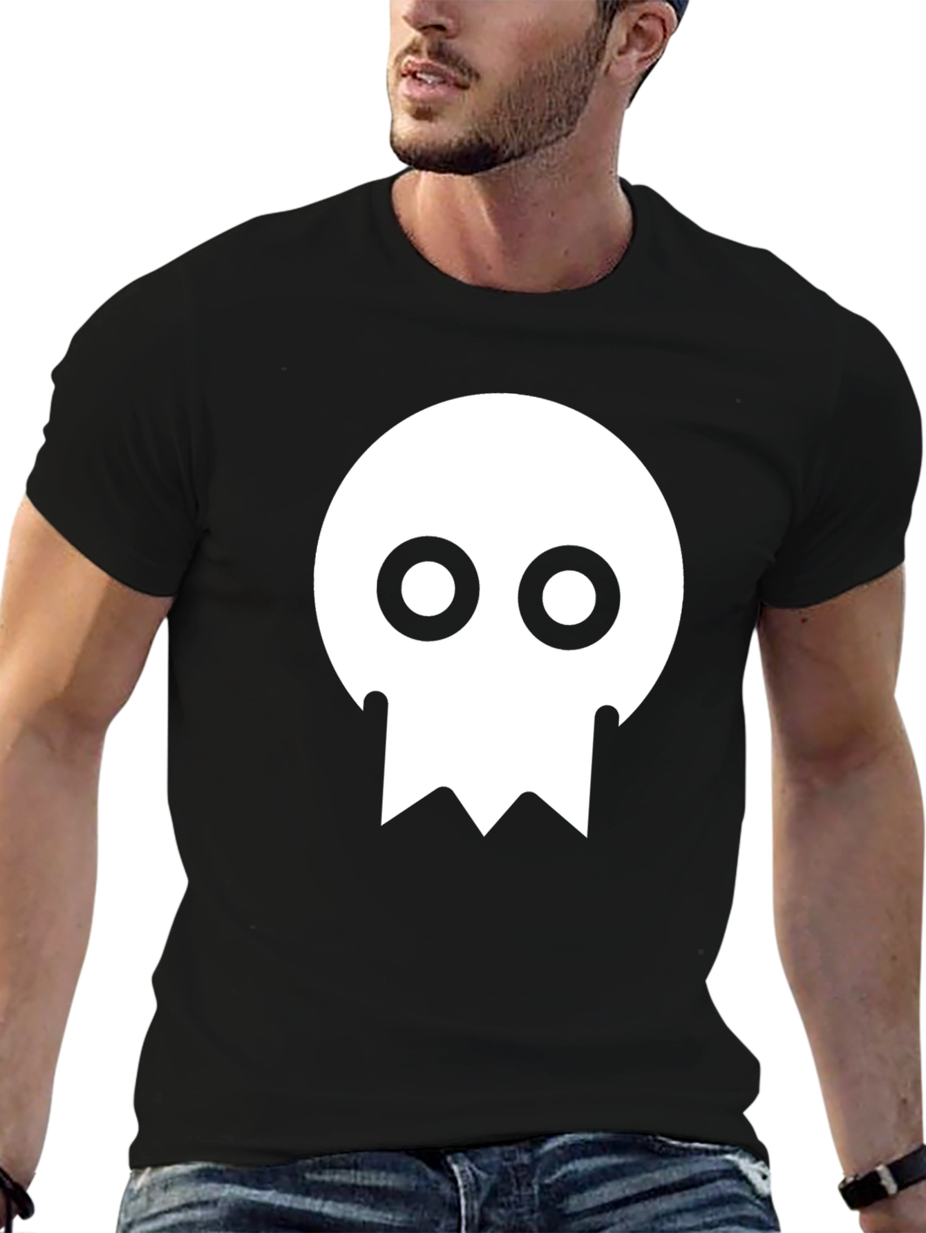 Black Minimalist Skull Graphic Tee - Black Cotton T-Shirt view 6