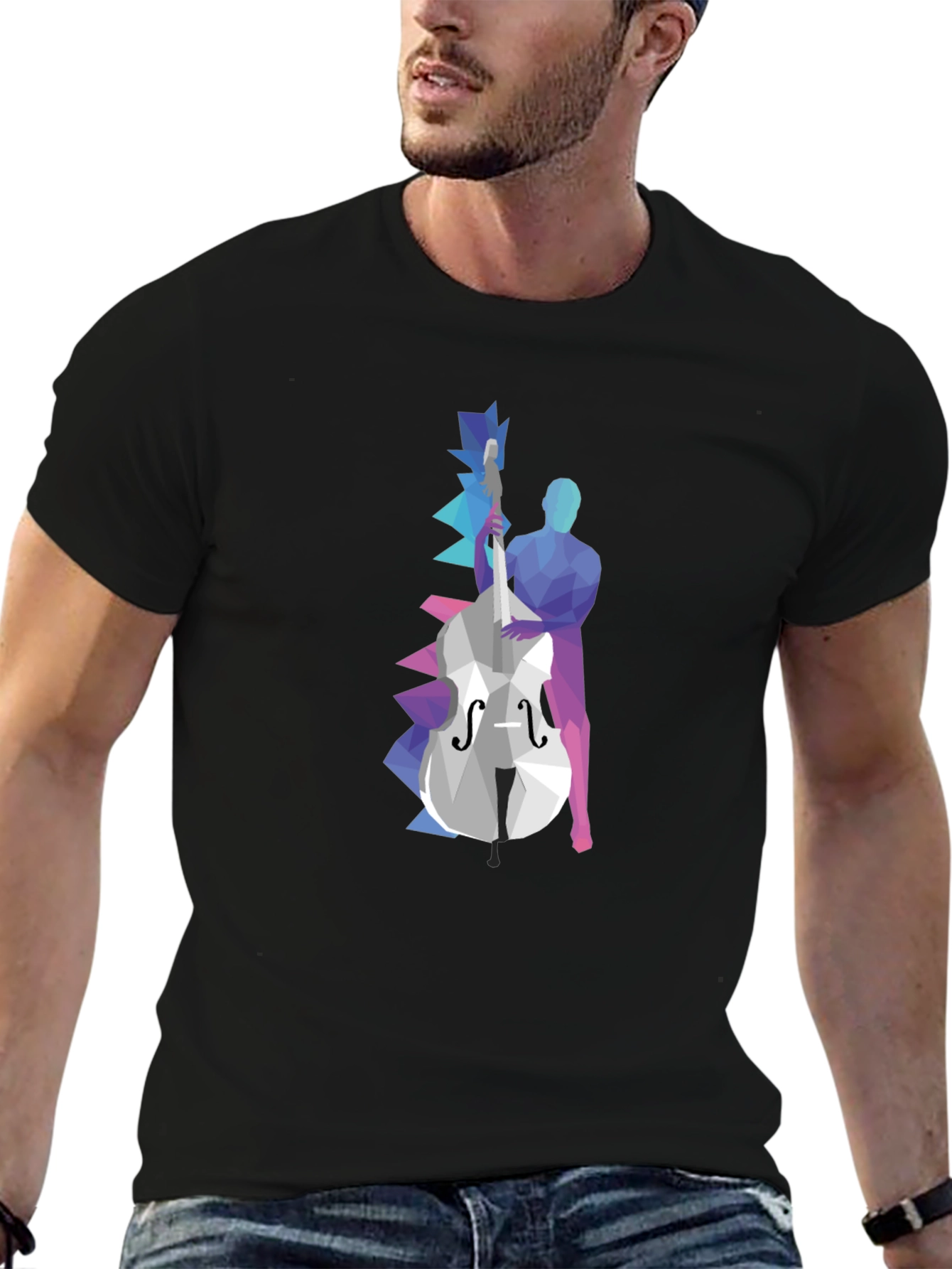 Black Abstract Bass Player Graphic Tee - Black Cotton T-Shirt view 6