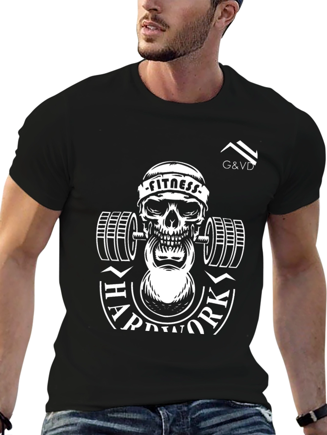 Black Fitness Skull T-Shirt - Hard Work Design view 6