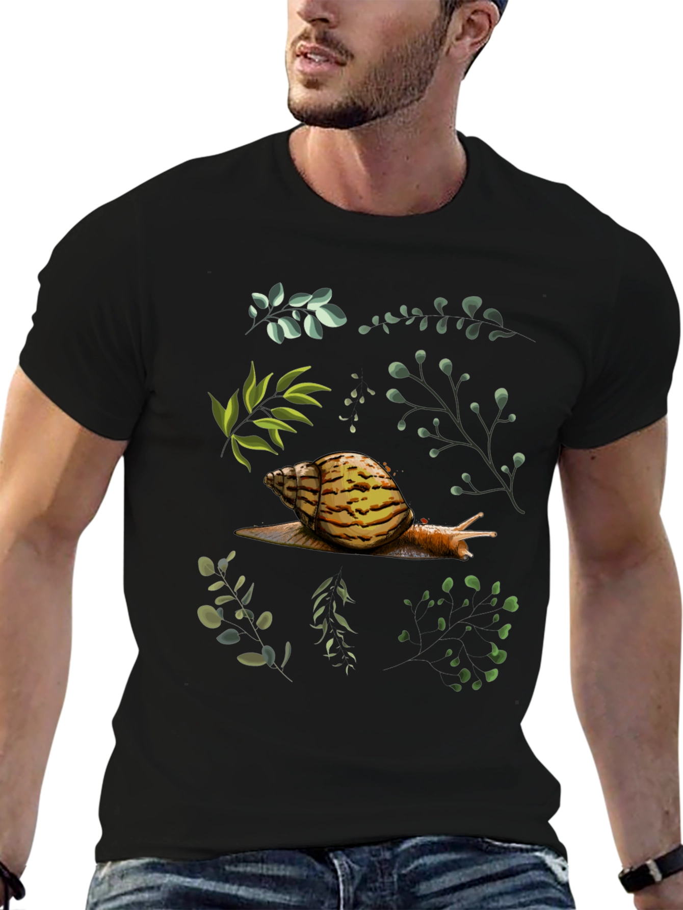Black Snail & Botanical Print Black T-Shirt view 6