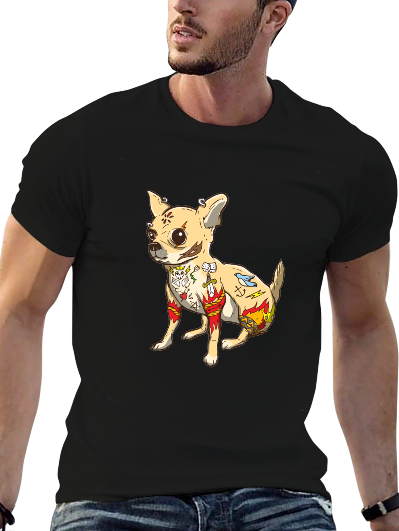 Tattooed Chihuahua Graphic Tee - Black Cotton T-Shirt - 6