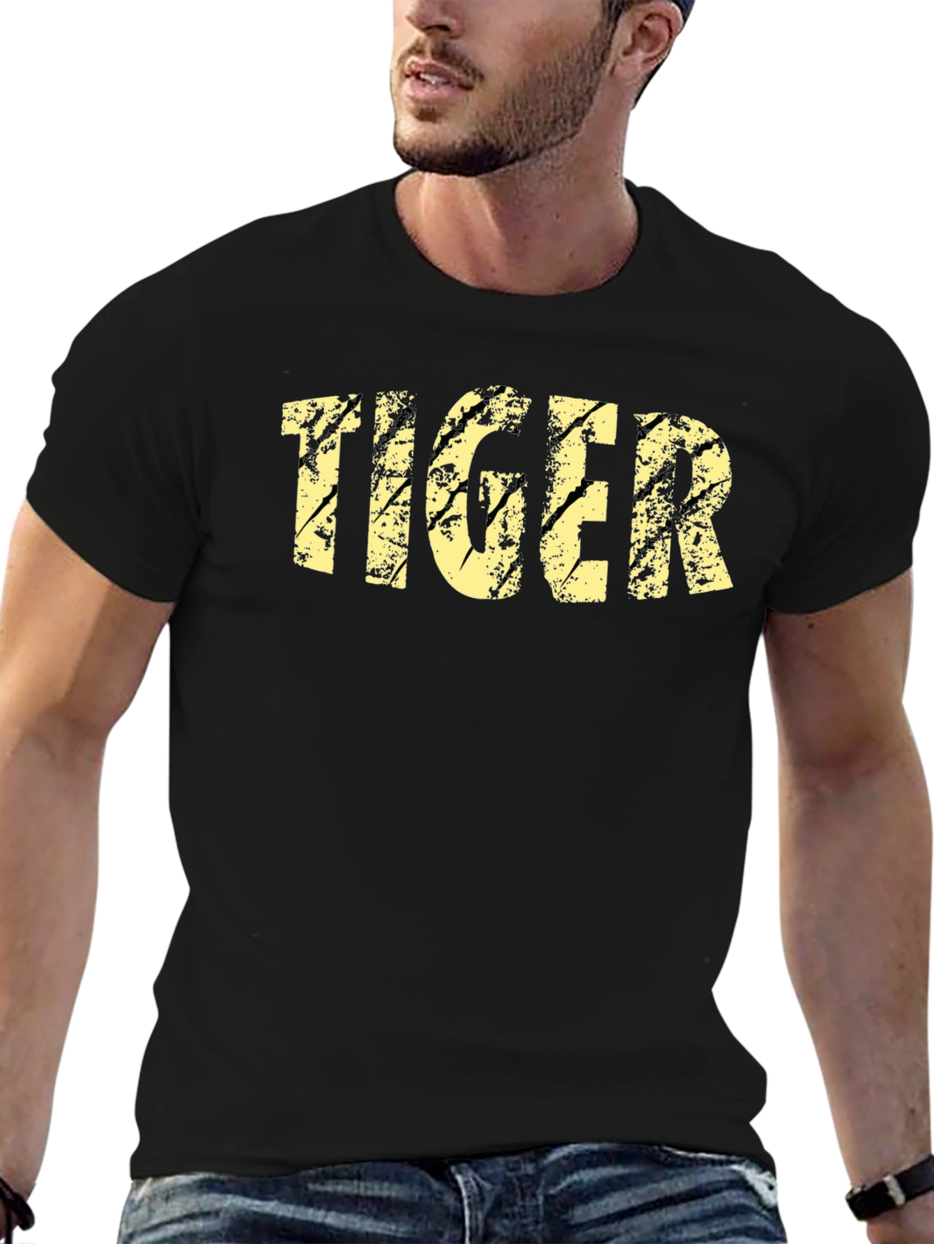 Black Distressed Tiger Graphic Black T-Shirt view 6